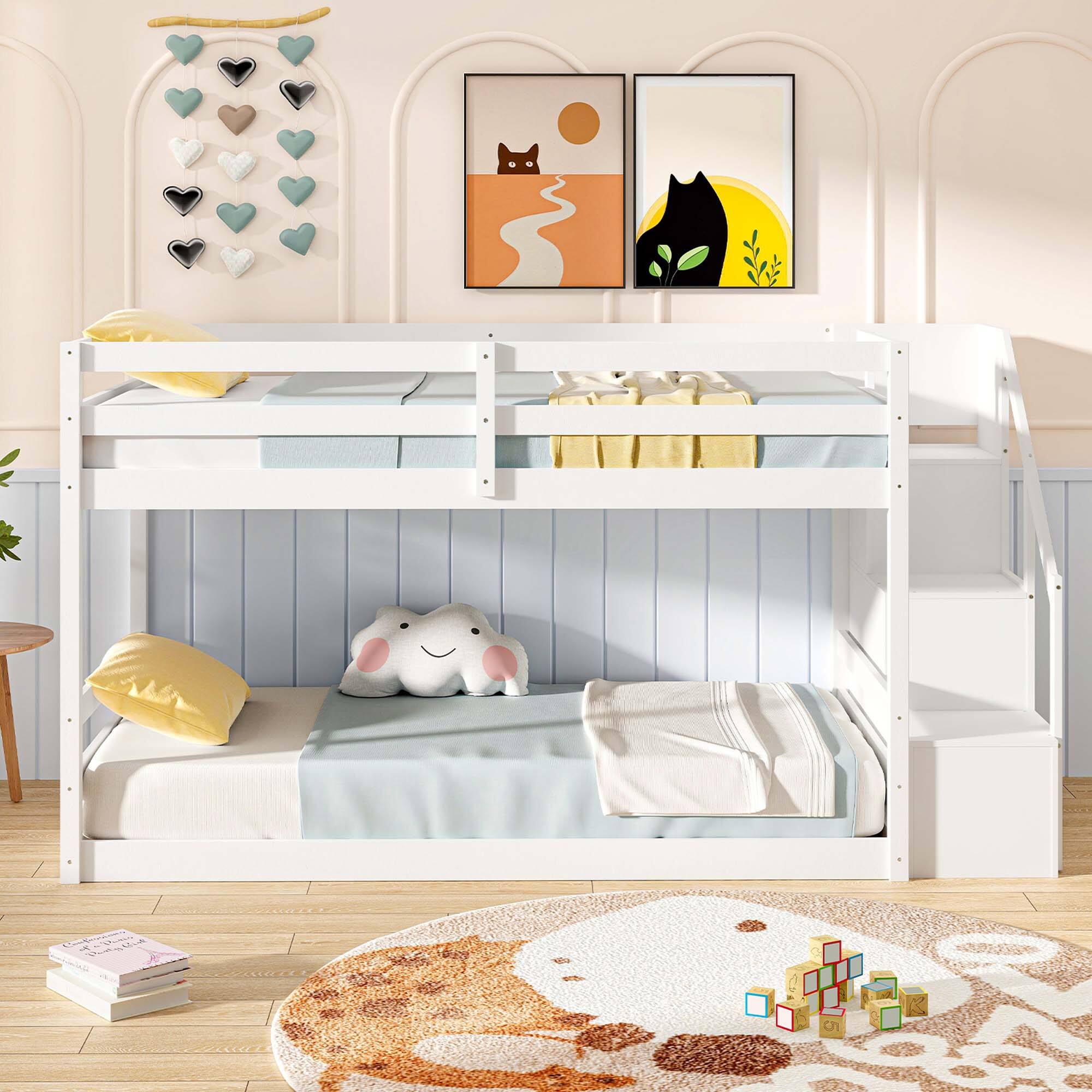 Alt View 4. Costway - Costway Twin Over Twin Low Bunk Bed Solid Wood Floor Bunk Bed Frame with Storage Stairs - White.