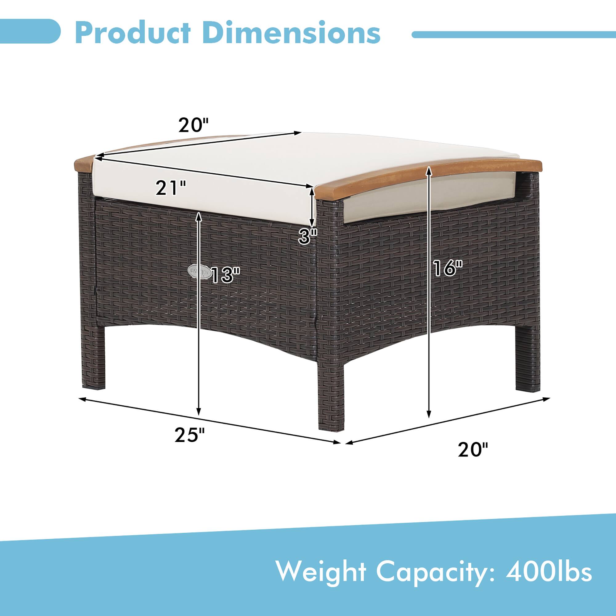 Product Dimensions  
20" x 21" x 13" x 3" x 16" x 25" x 20"  

Weight Capacity: 400lbs