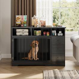 Acekool - Modern Dog Crate End Table with 3 Storage Drawers, Concealed Food Bowl, Wooden Indoor Kennel Cabinet, 48", Black