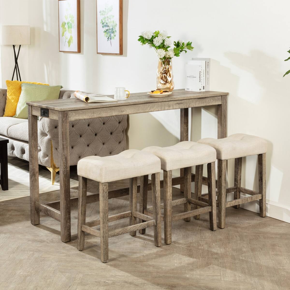 Loheer - Bar Table Set with Three Stools, Rectangular Table with Power Outlet - Brown