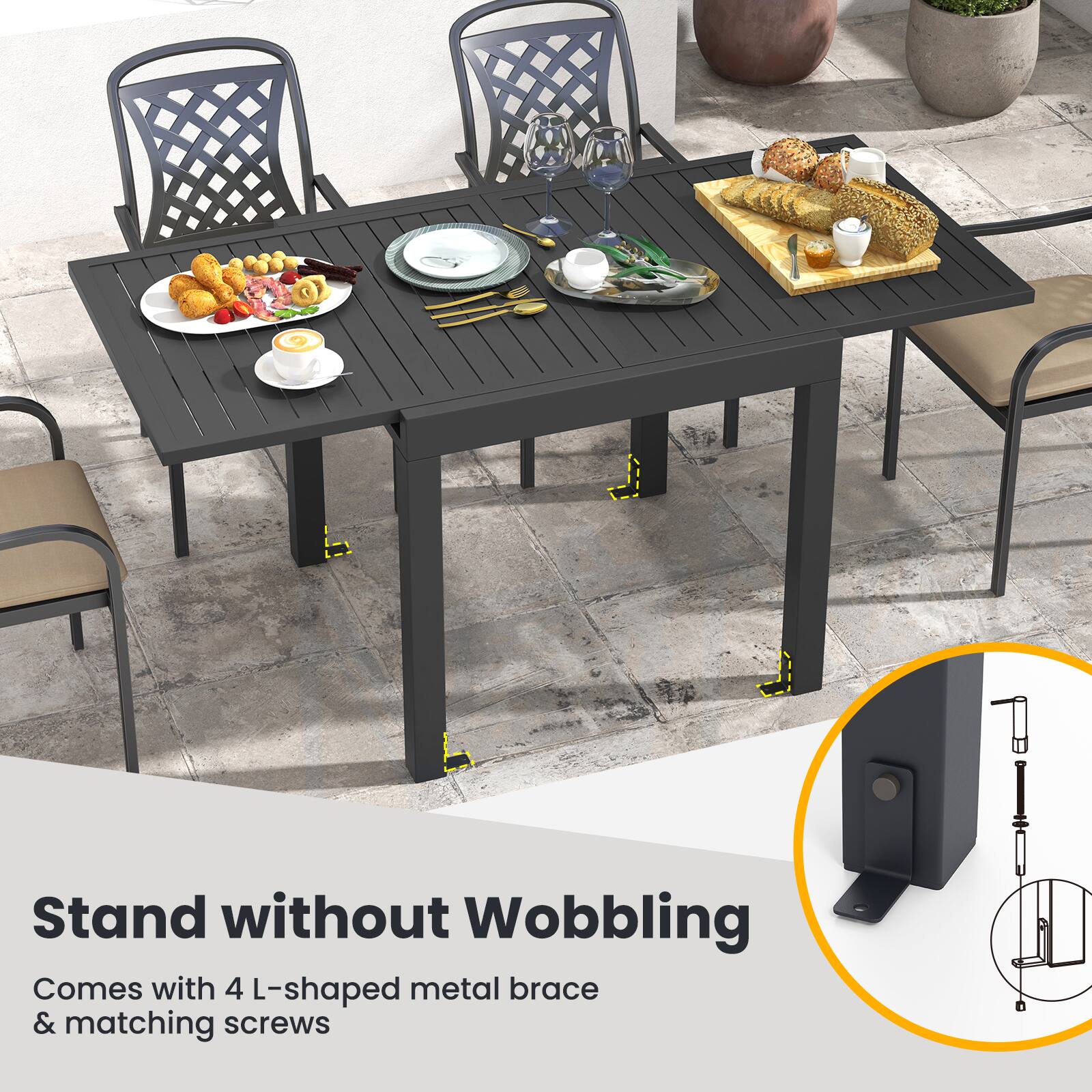 Stand without Wobbling  
Comes with 4 L-shaped metal brace & matching screws