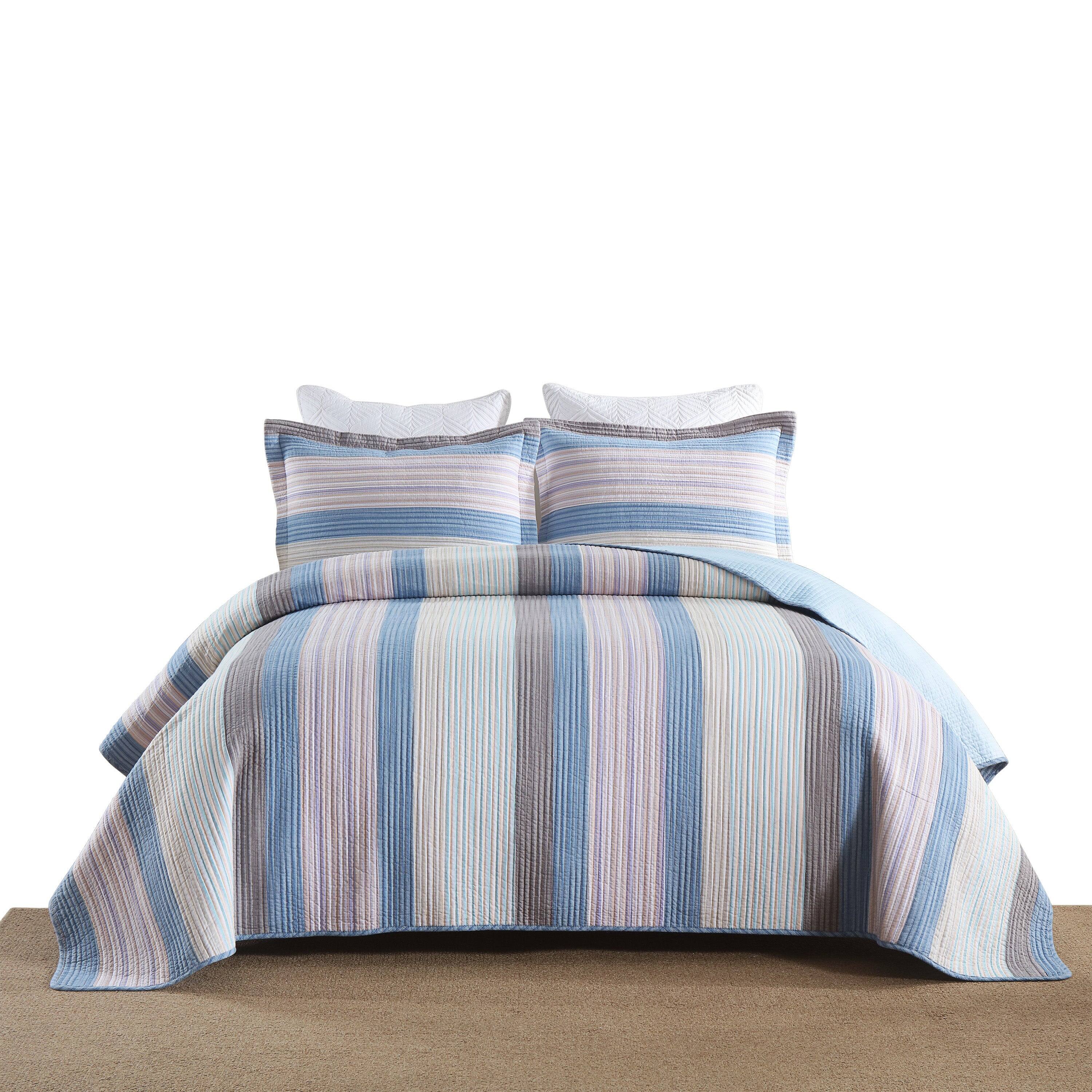 Back. MarCielo - Marcielo 3Pcs 100% Cotton Striped Quilt Bedspread Set Reversible Bedding - Blue.