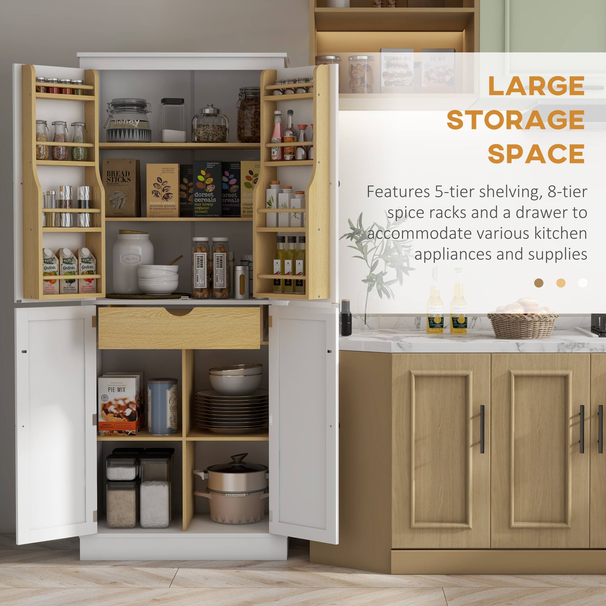 Cee - L N Lote - -t Cnata  oney e BREAD STICKS domes Joms den cereals wekls 1  - - - - I - - - |  |  -dans - -  LARGE STORAGE SPACE Features 5-tier shelving, 8-tier spice racks and a drawer to accommodate various kitchen appliances and supplies -- : HIE WIE