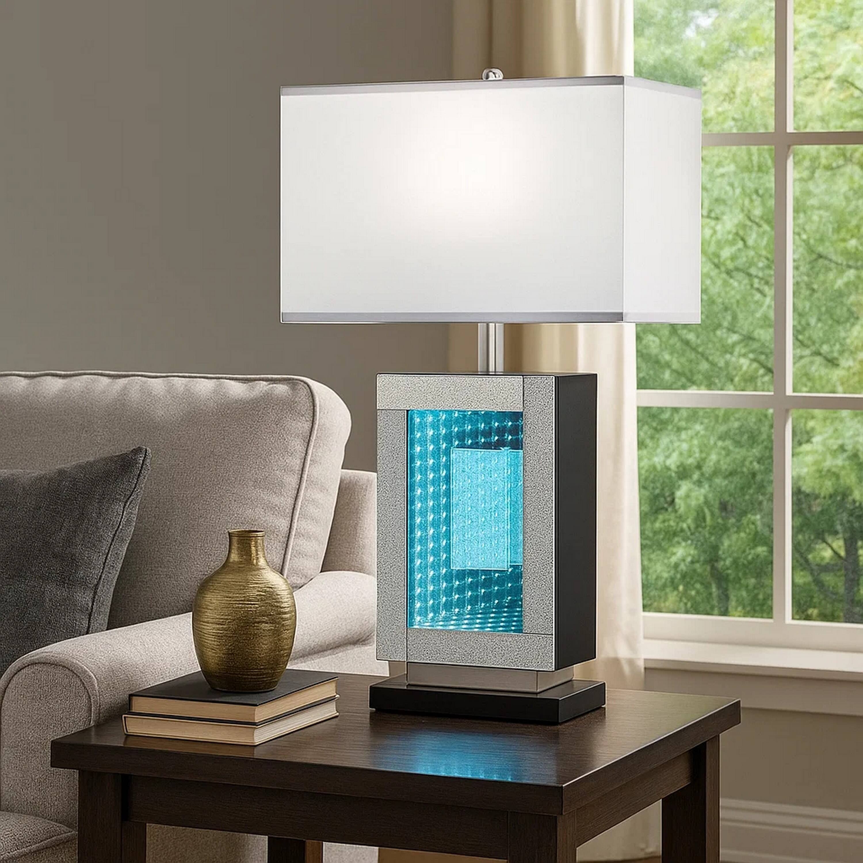 Alt View 3. Manhattan Lane - Ziva 27 Inch Table Lamp, LED Night Light, Rectangular Shade - Chrome, White.