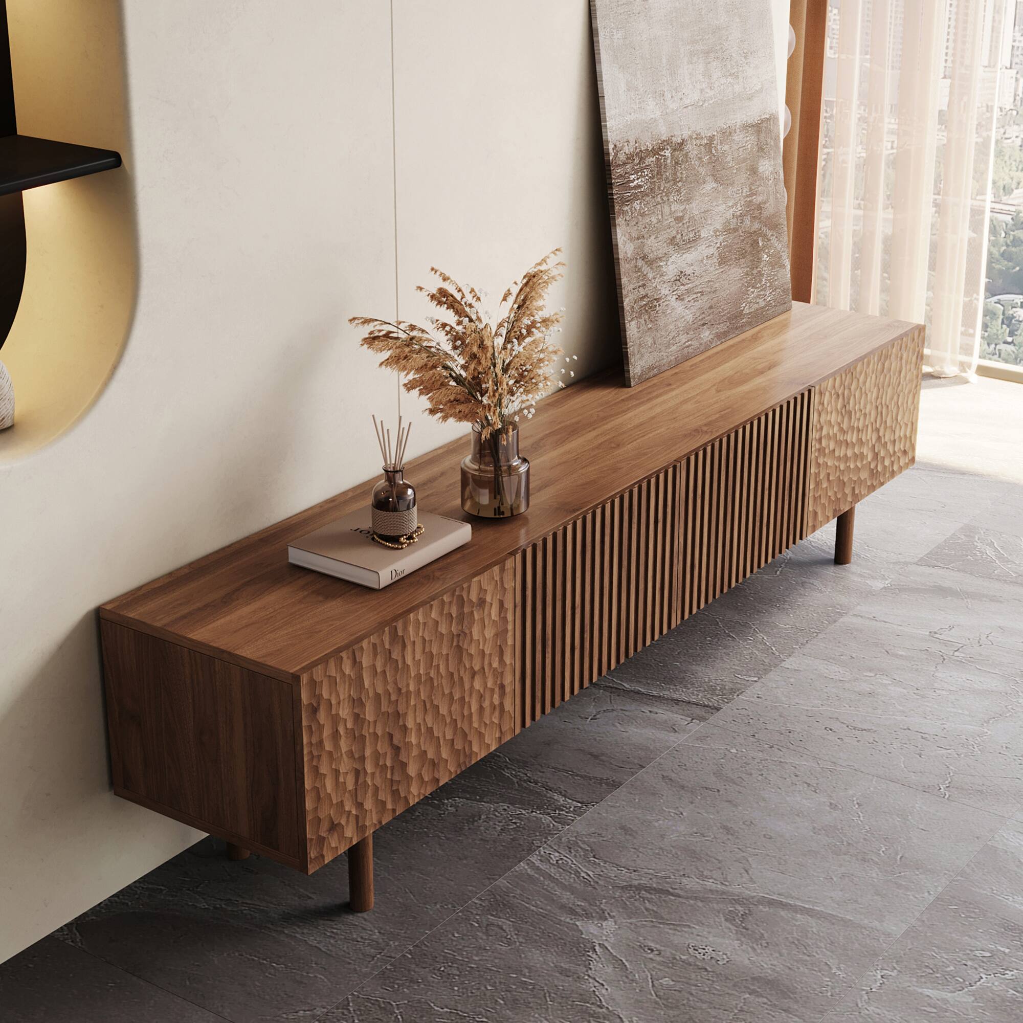 Alt View 1. luck idea - 86.61" TV Stand and Media Console, Modern Entertainment Center with Ample Storage - Walnut Color.