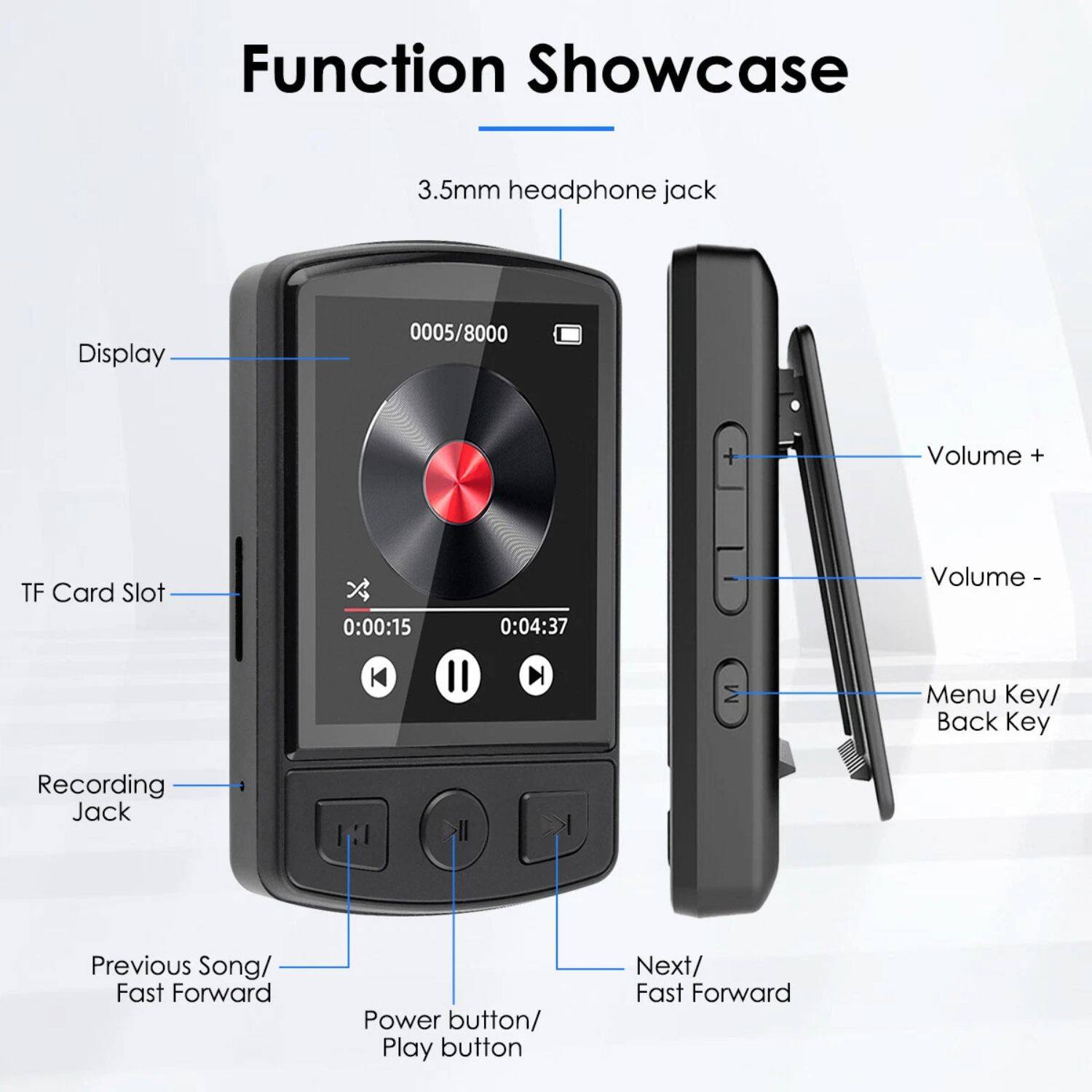 Function Showcase

- 3.5mm headphone jack
- Display
- TF Card Slot
- Recording Jack
- Previous Song/ Fast Forward
- Power button/ Play button
- Next/ Fast Forward
- Volume +
- Volume -
- Menu Key/ Back Key
