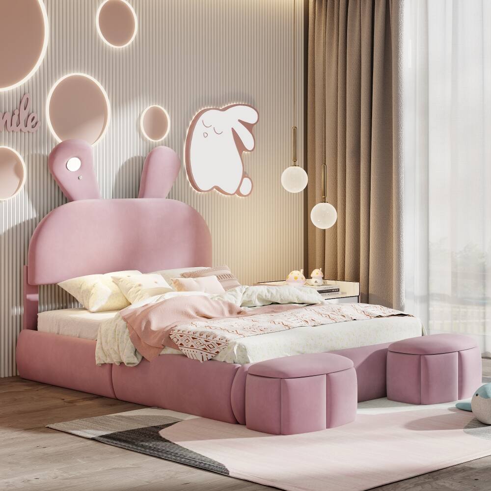 Back. Loheer - Loheer Full Size Platform Bed Pink Upholstered Cartoon Ears Headboard Kids Velvet Bed with LED Light - Pink.