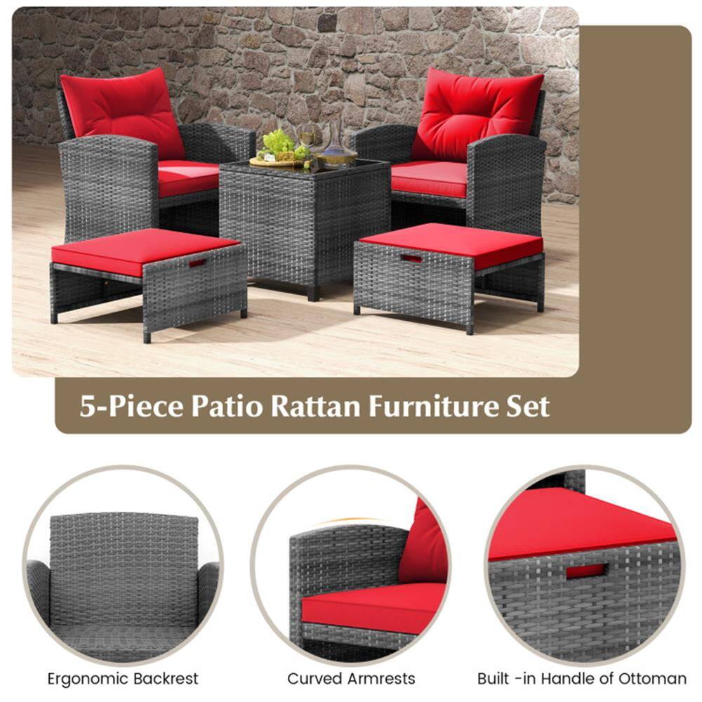 5-Piece Patio Rattan Furniture Set

- Ergonomic Backrest
- Curved Armrests
- Built-in Handle of Ottoman