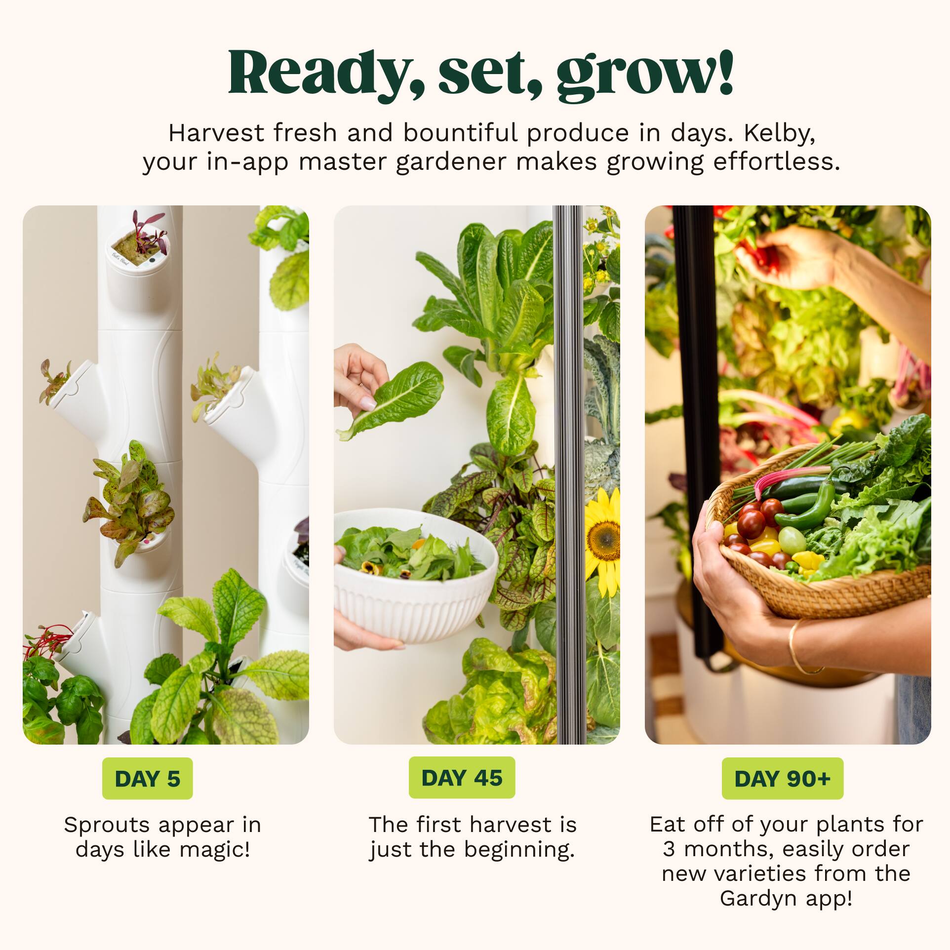 Ready, set, grow!

Harvest fresh and bountiful produce in days. Kelby, your in-app master gardener makes growing effortless.

DAY 5  
Sprouts appear in days like magic!

DAY 45  
The first harvest is just the beginning.

DAY 90+  
Eat off of your plants for 3 months, easily order new varieties from the Gardyn app!