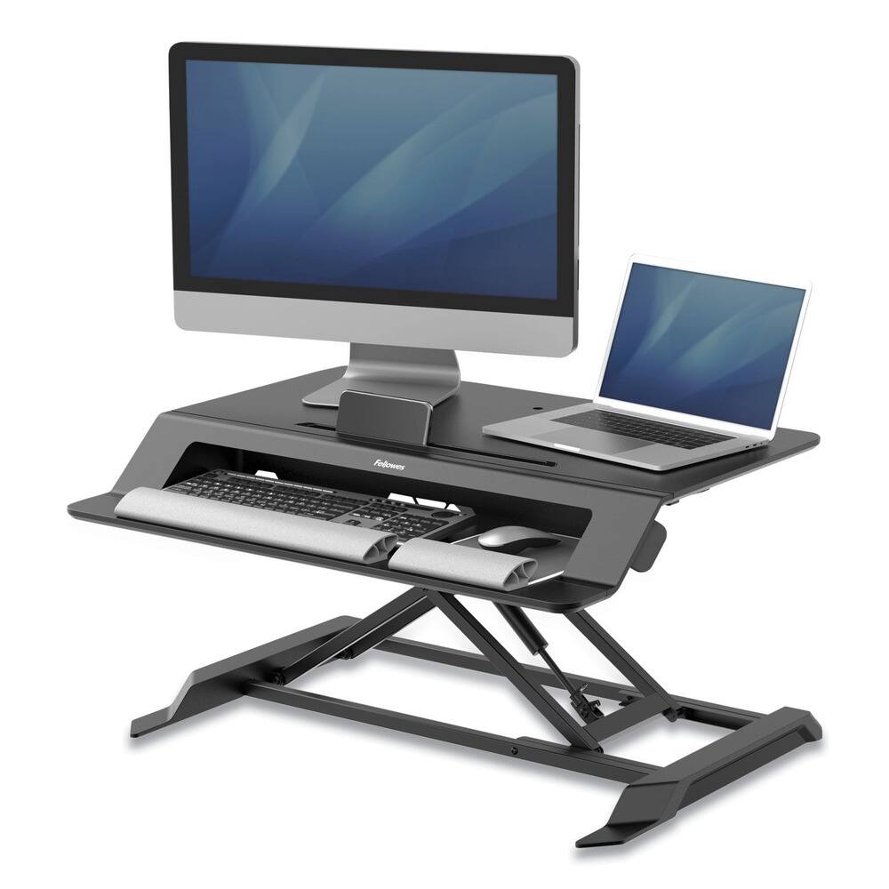 Left. Fellowes - Fellowes Mfg Co. 8215001 Lotus LT 34.38 in. x 28.38 in. x 7.62 in. Sit-Stand Workstation- Black - Black.