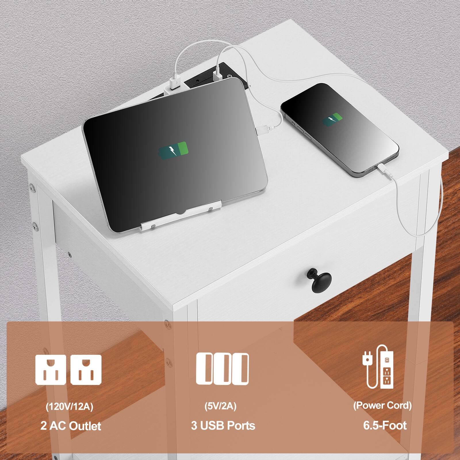 (120V/12A) 2 AC Outlet  
(5V/2A) 3 USB Ports  
(Power Cord) 6.5-Foot