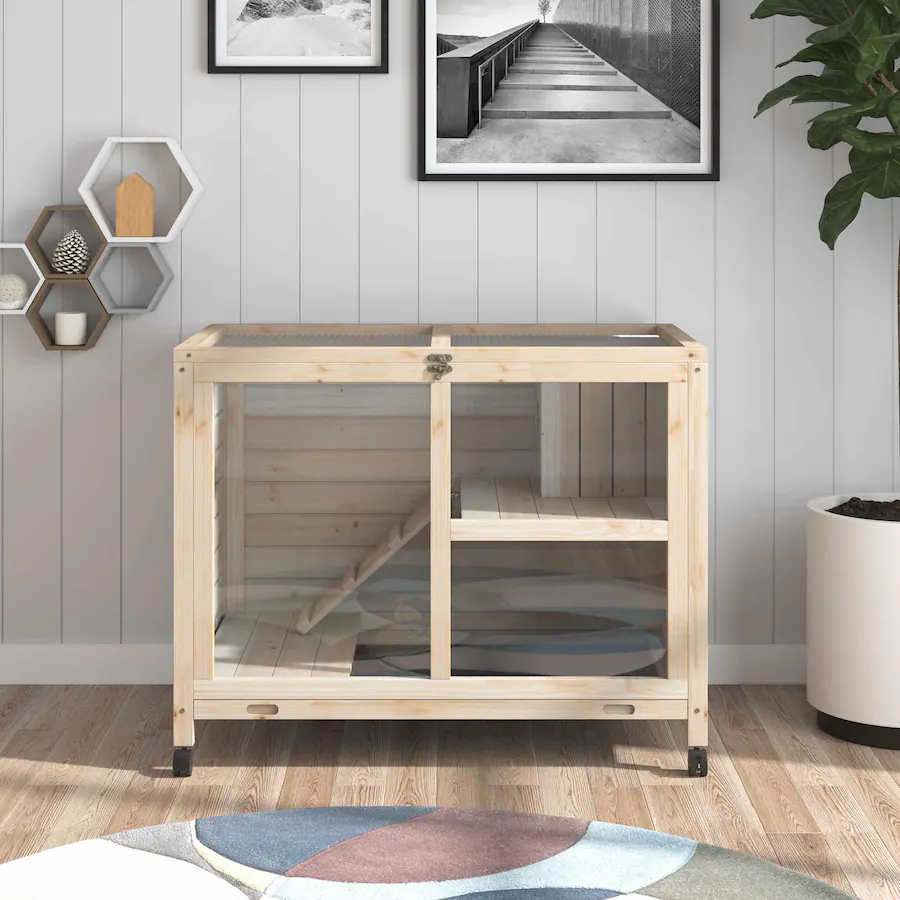 Pawhut Rabbit Hutch with Wheels, Desk and Side Table Sized, Wooden ...