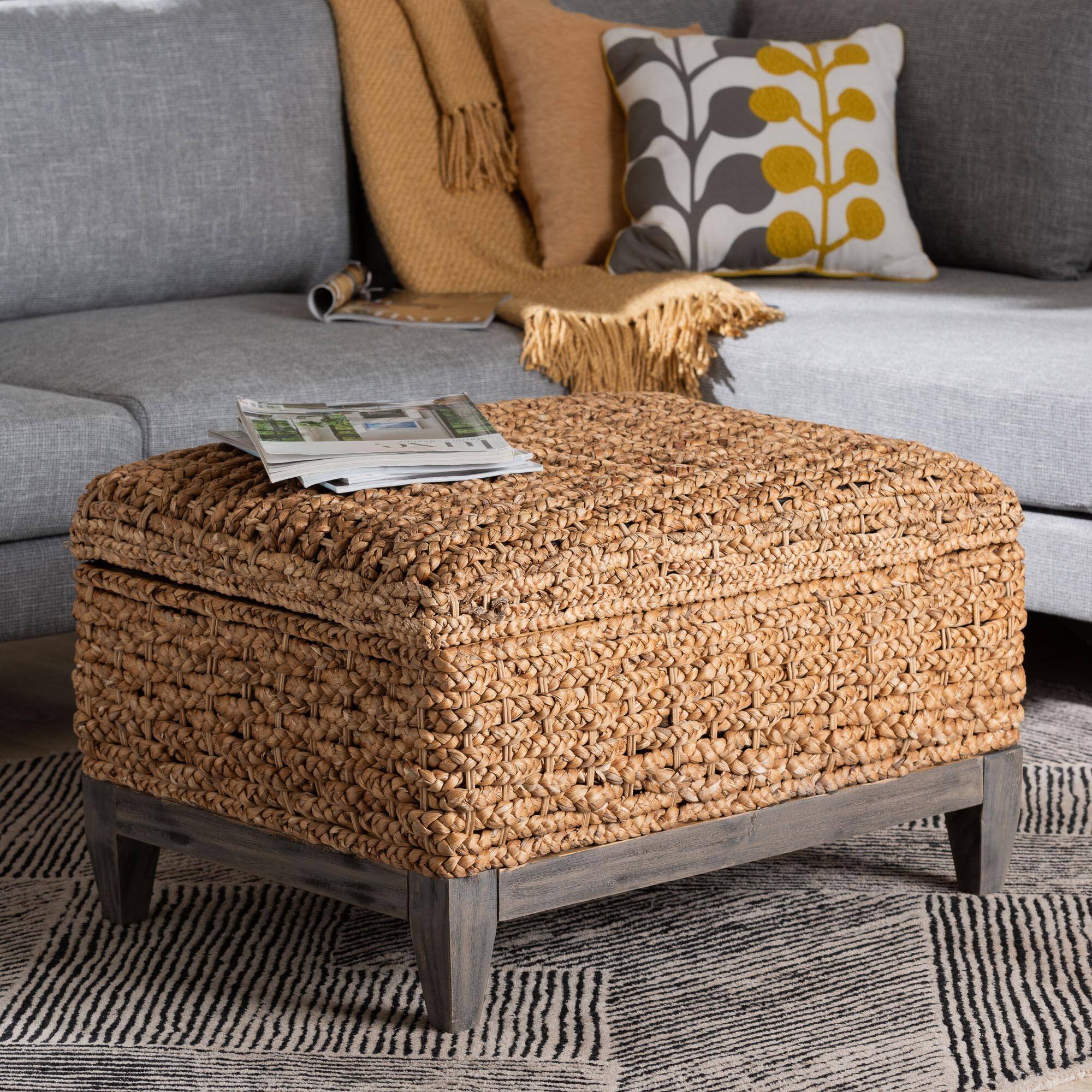 Alt View 4. bali & pari - Bailey Handwoven Seagrass Storage Ottoman with Lift-Top Lid – Rustic Wicker Trunk - Natural Brown/Espresso Brown.