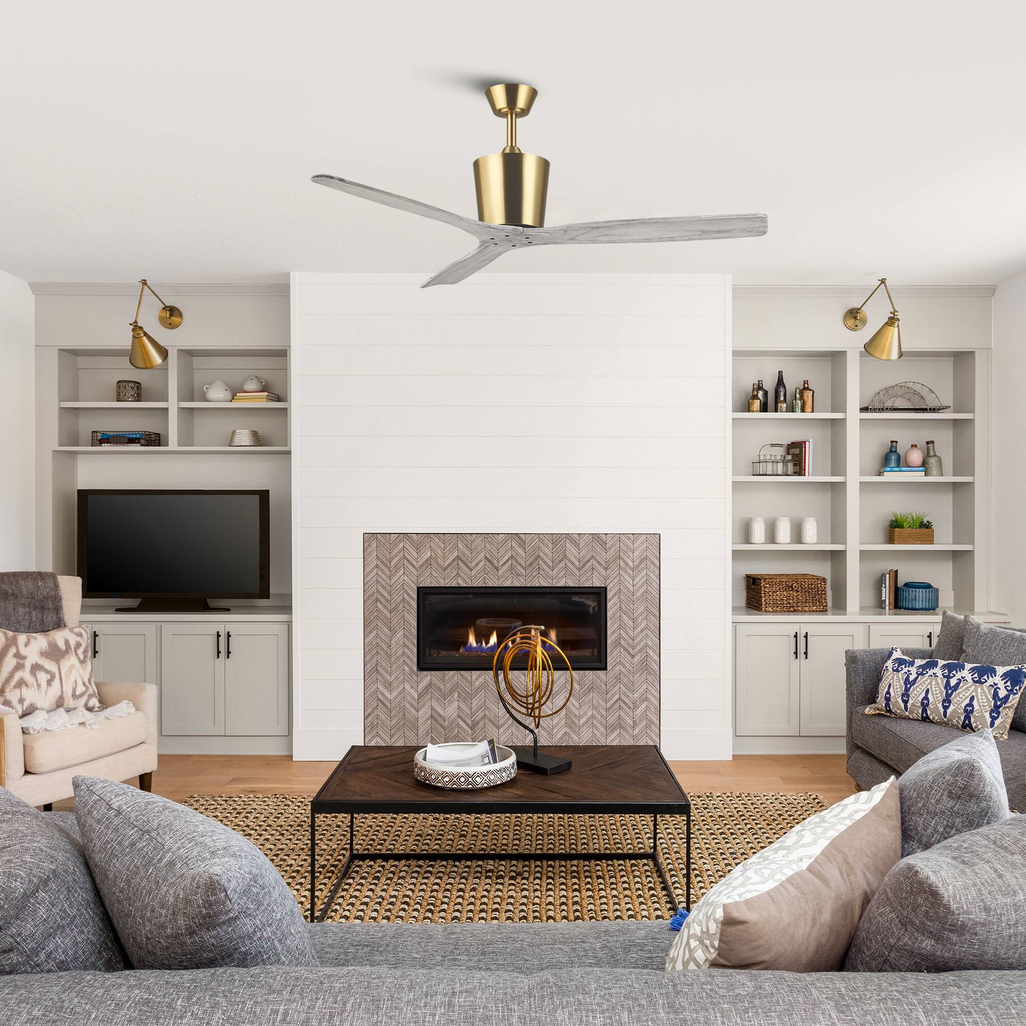 Angle. Parrot Uncle - 54" Modern Solid Wood Blades Ceiling Fan with 6 Speed Remote, No Light - Gold.