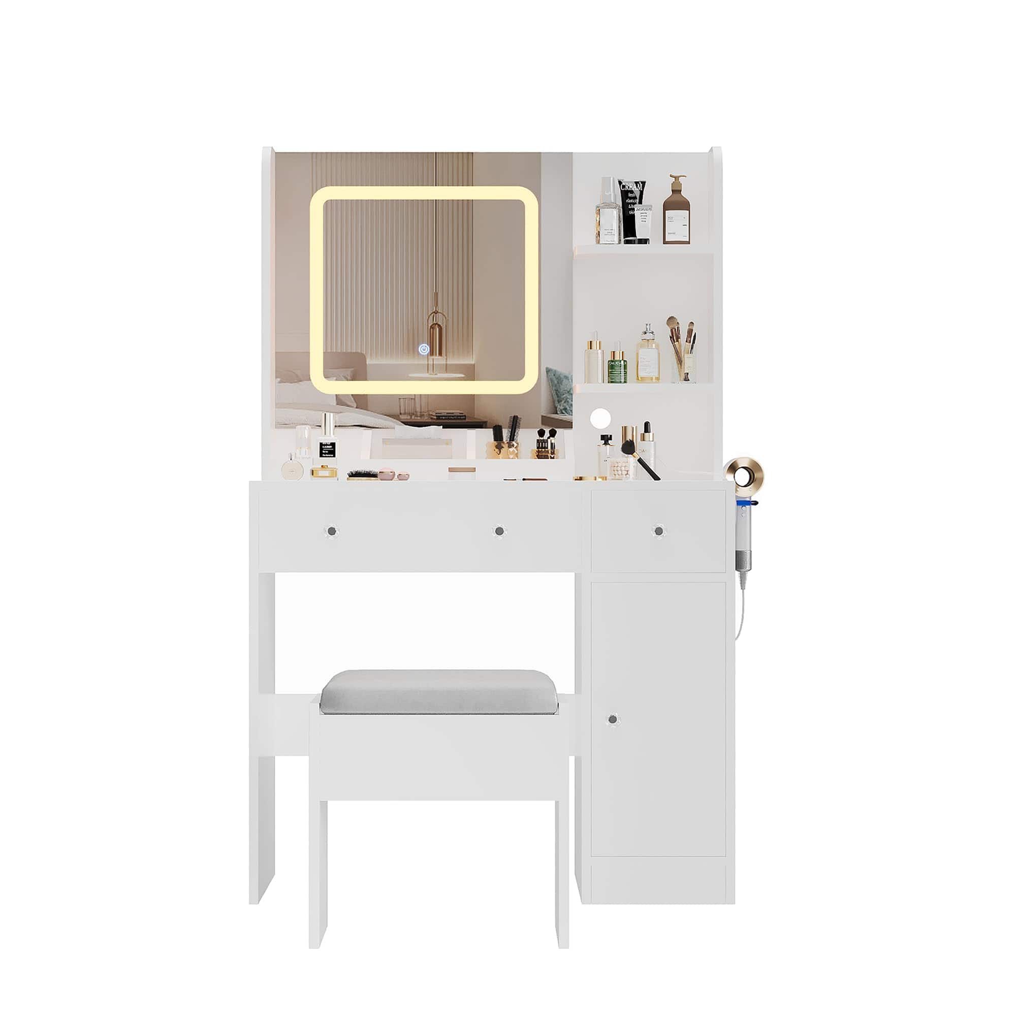 Acekool - Vanity Desk and Stool with Mirror and Lights,Makeup Vanity with Charging Station, Drawers - White