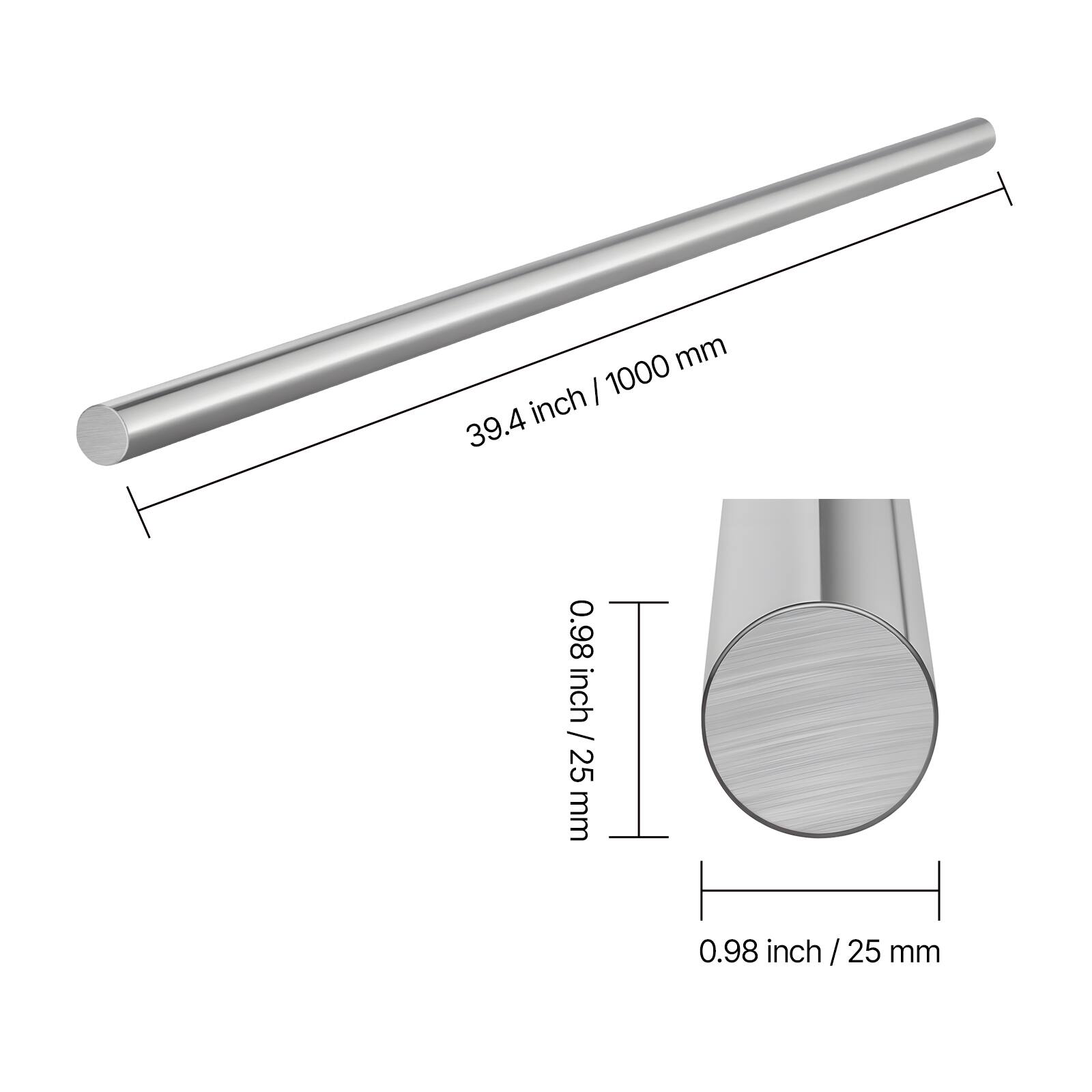 39.4 inch / 1000 mm  
0.98 inch / 25 mm  
0.98 inch / 25 mm