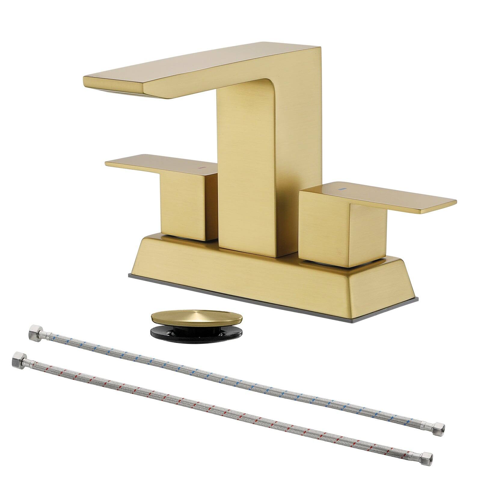 Front. Boyel Living - Brushed Gold 4 Inch Centerset Faucet SUS304 Waterfall Spout 1.2GPM Dual Handle Pop Up Drain - Brushed Gold.
