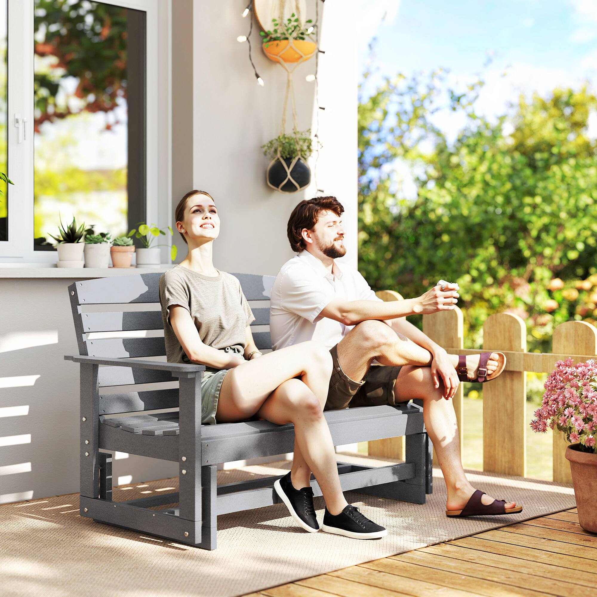 Alt View 1. Outsunny - Glider Bench w/ HDPE Slatted Double Rocking Chair - Light Gray.
