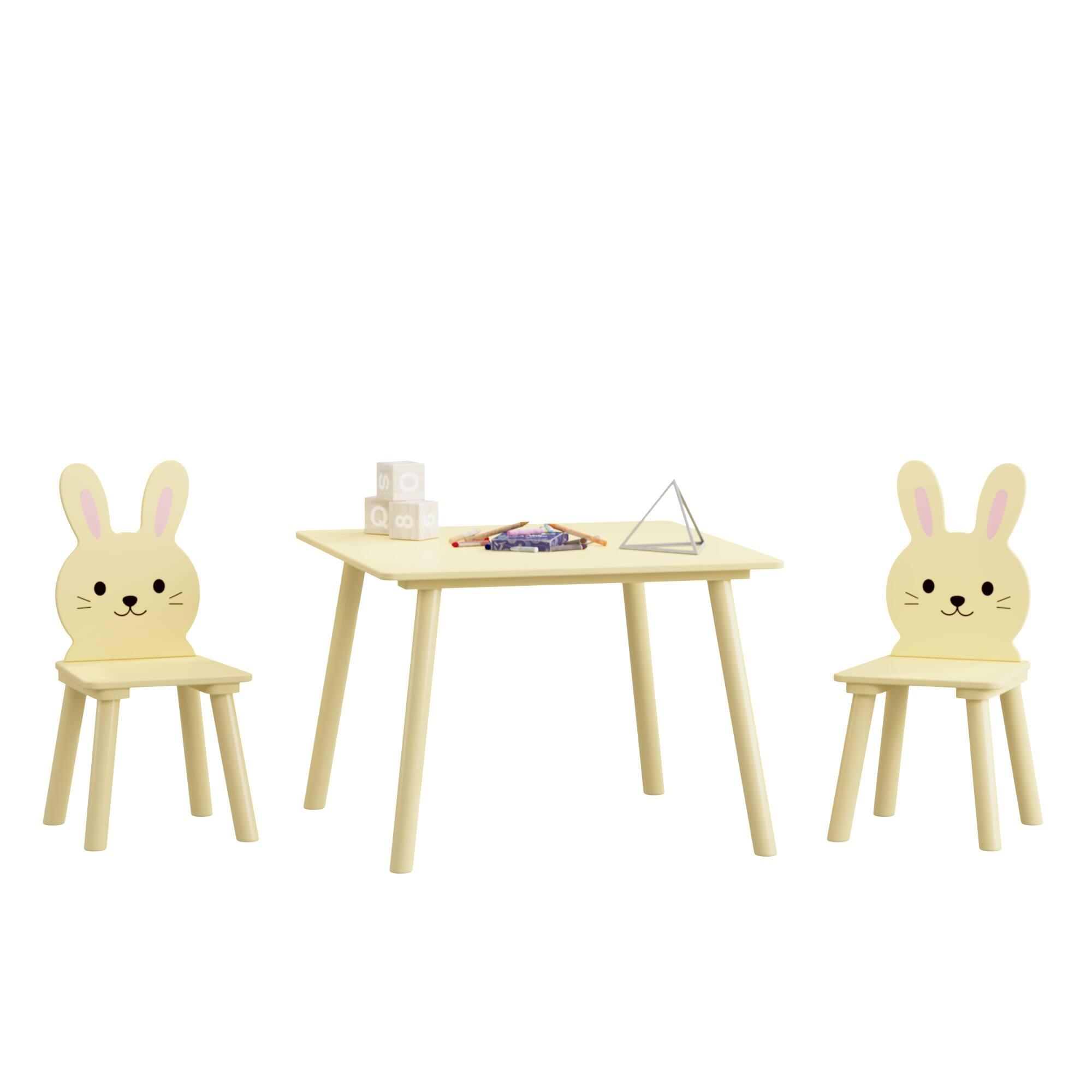 Alt View 5. Tiramisubest - Kids Table Set with 2 Bunny Chairs,Children's Wooden Activity Table for Toddlers,Cute Animal Design Study Play Set - Yellow.