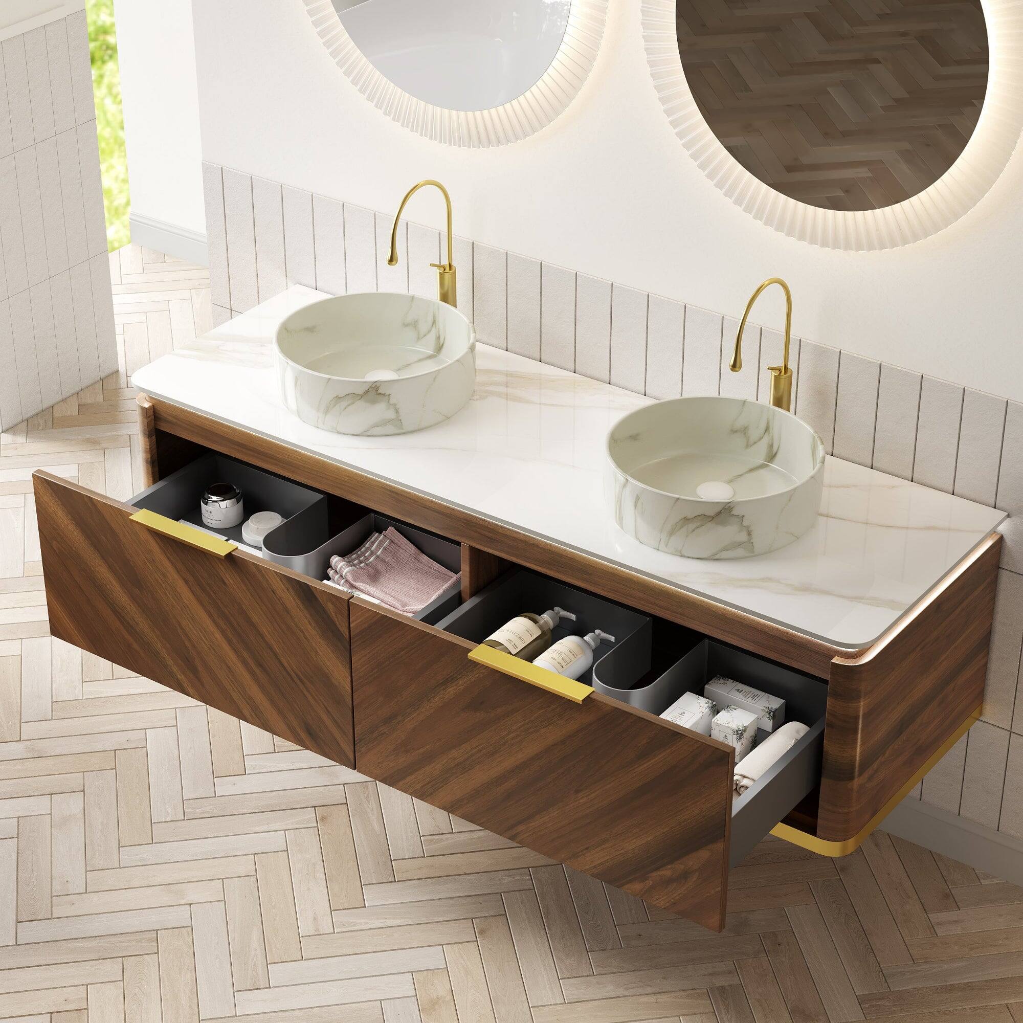 Alt View 2. Boyel Living - 60 Bathroom Vanity with 2 Drawers Sensor Light 2 Stone Pattern Ceramic Vessel Basins Sintered Stone Dark Walnut - Carrara White,Dark Walnut,Stone White.