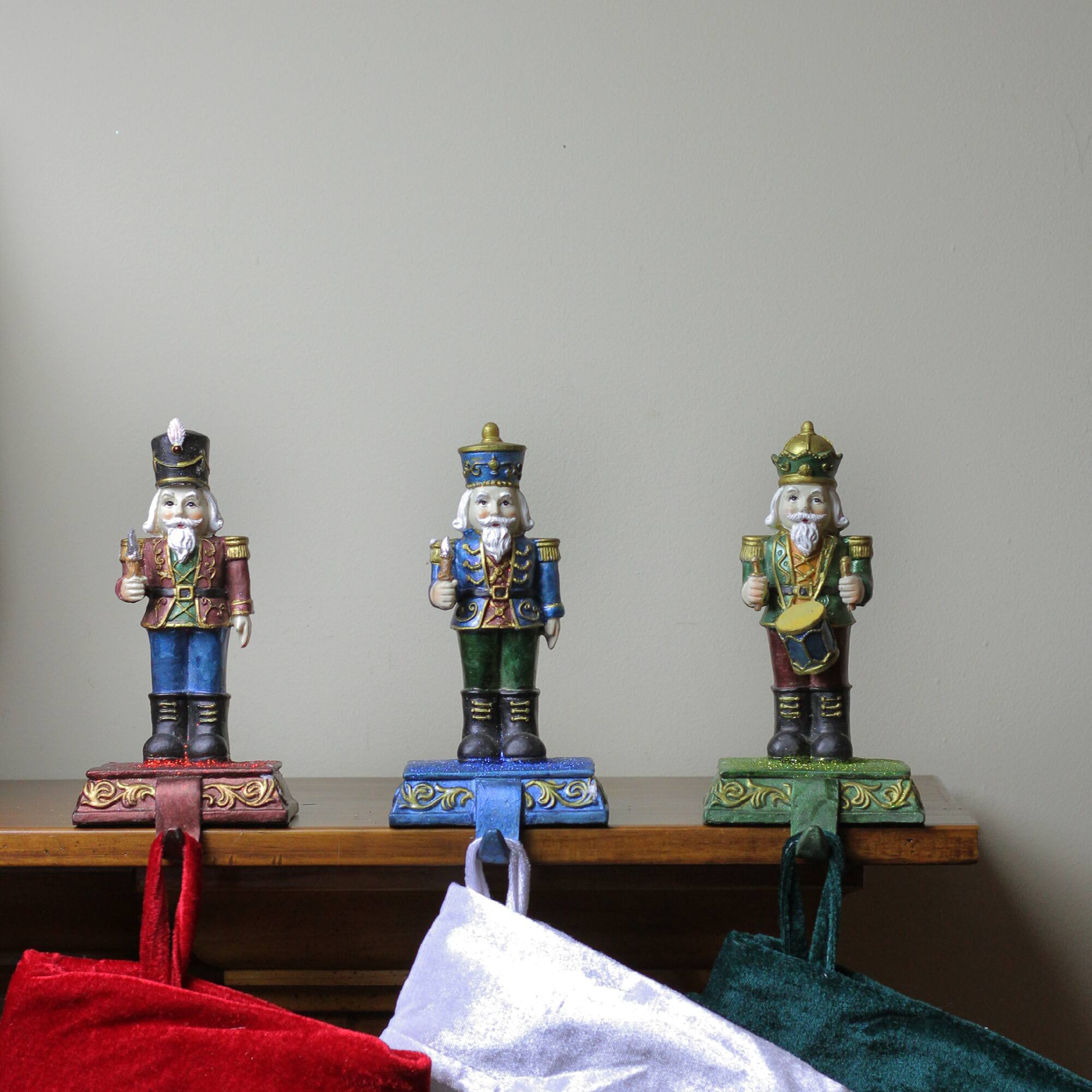 Alt View 2. Northlight - Glittered Nutcracker Stocking Holders - 7.75" - Blue, Red and Green - Set of 3 - Blue.