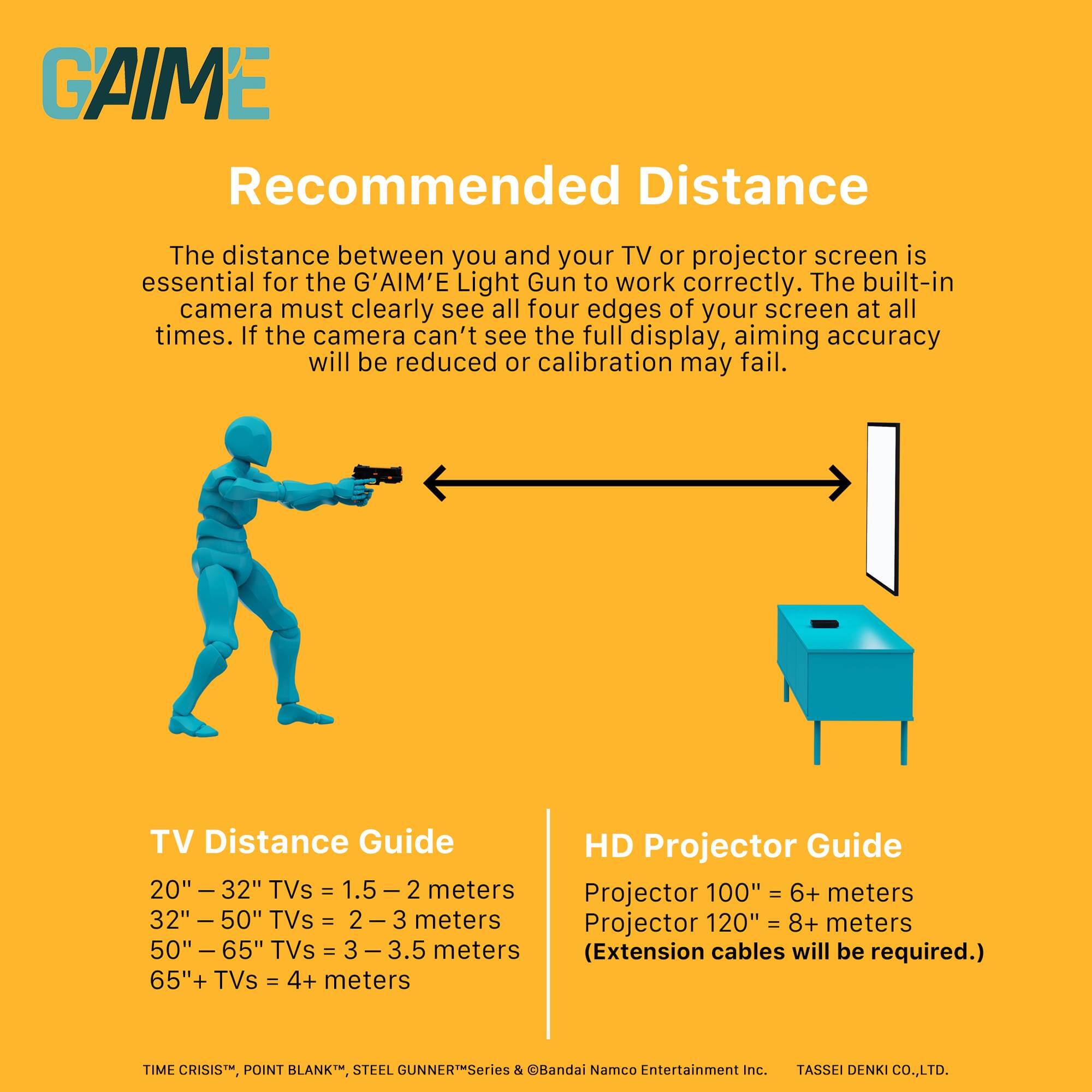 GAIME  
Recommended Distance  

The distance between you and your TV or projector screen is essential for the G'AIM'E Light Gun to work correctly. The built-in camera must clearly see all four edges of your screen at all times. If the camera can't see the full display, aiming accuracy will be reduced or calibration may fail.  

TV Distance Guide  
20" – 32" TVs = 1.5 – 2 meters  
32" – 50" TVs = 2 – 3 meters  
50" – 65" TVs = 3 – 3.5 meters  
65" + TVs = 4+ meters  

HD Projector Guide  
Projector 100" = 6+ meters  
Projector 120" = 8+ meters  
(Extension cables will be required.)  

TIME CRISIS™, POINT BLANK™, STEEL GUNNER™ Series & ©Bandai Namco Entertainment Inc.  
TASSEI DENKI CO., LTD.