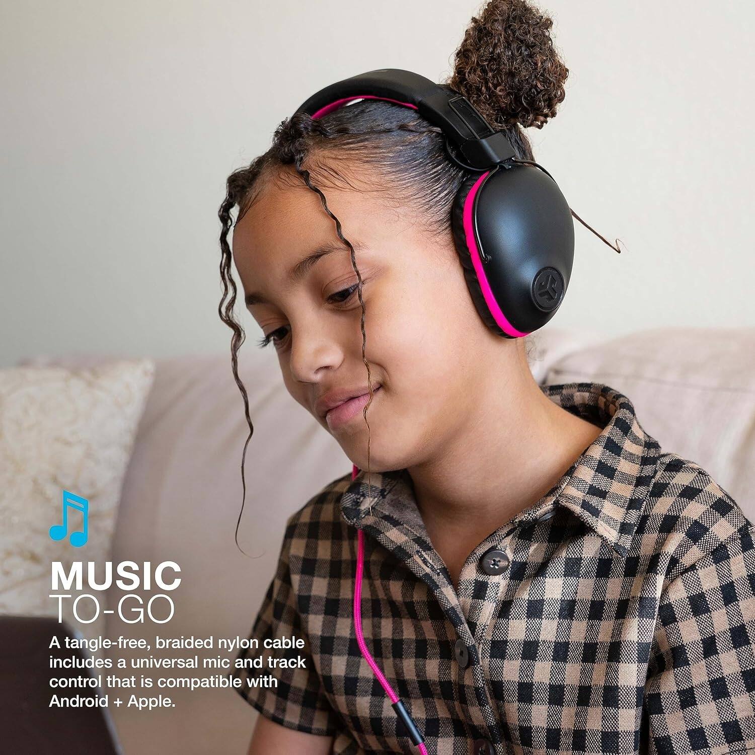MUSIC TO-GO

A tangle-free, braided nylon cable includes a universal mic and track control that is compatible with Android + Apple.