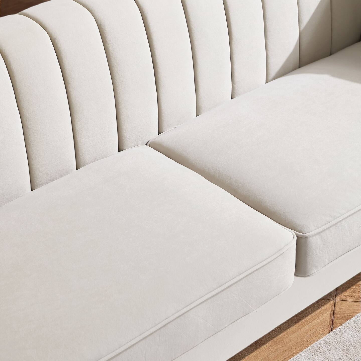 Alt View 1. Anysun - Modern 3-Seat Cream Velvet Sofa with Gold Accents - Channel-Tufted for Living Room & Office. - White.