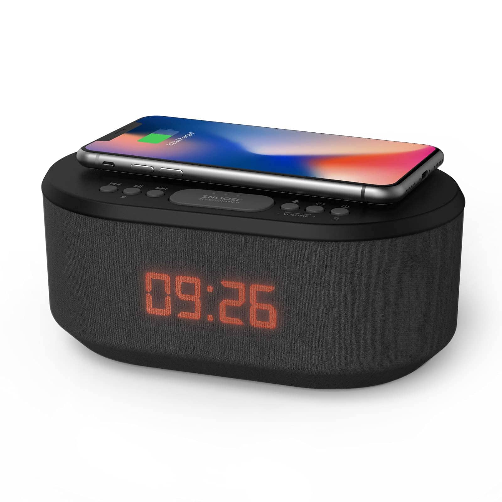 Dazzed Corner - Bluetooth Speaker & Wireless Charger, LED Display, Dual Alarms, Night Light - Black