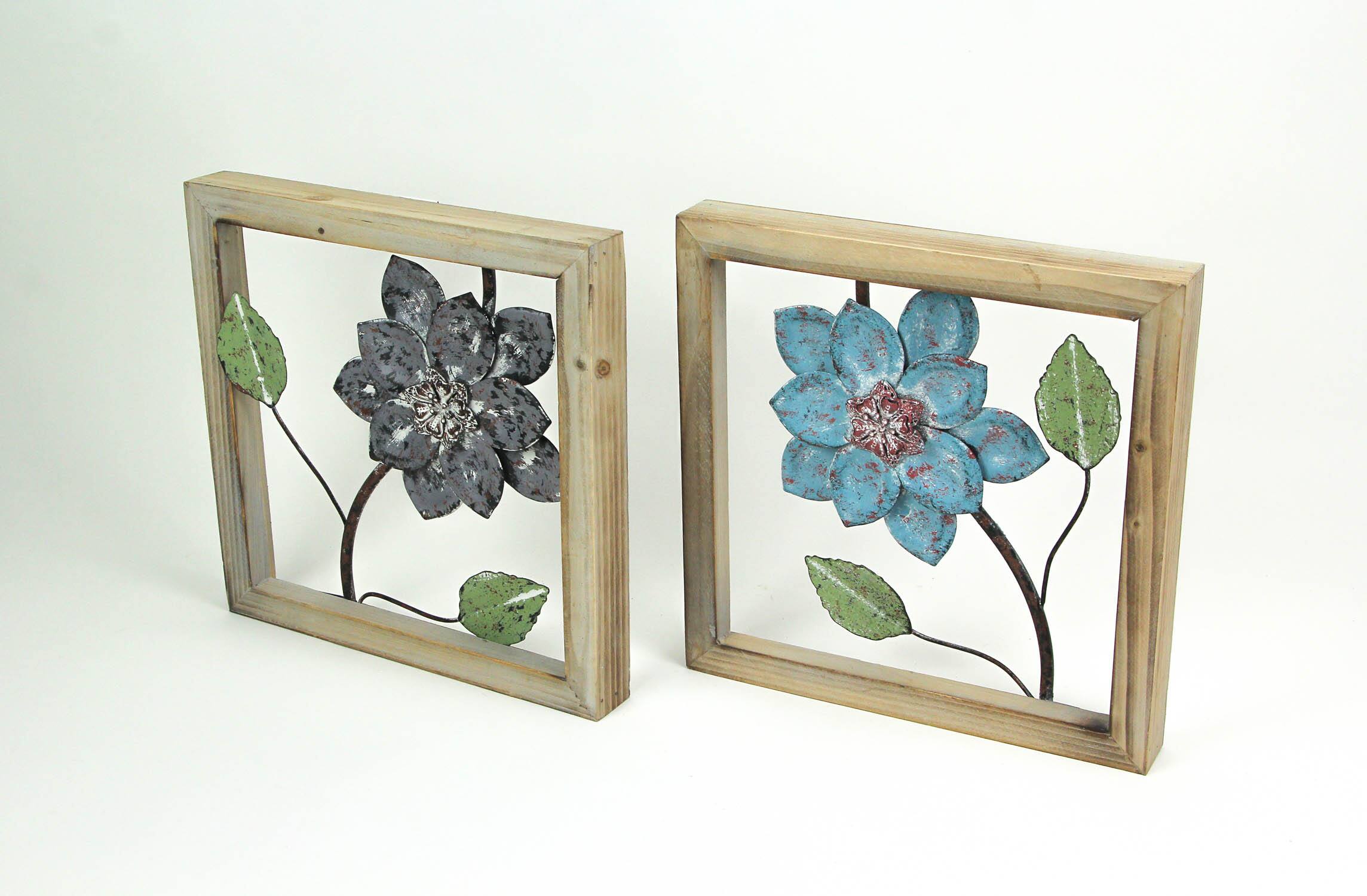 Alt View 1. Things2Die4 - 2 Piece Sculpted Metal Flowers Wall Hanging Set With Wooden Frames - Multicolored.