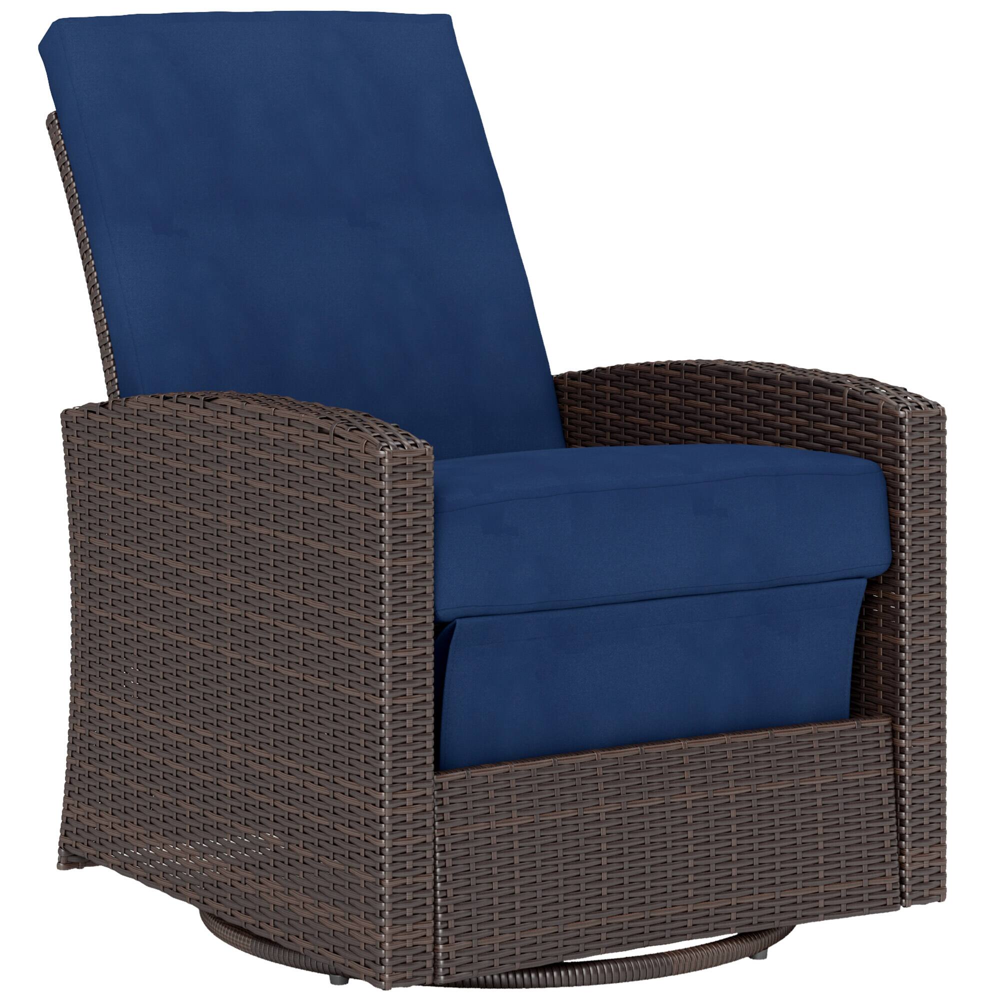 Outsunny - Wicker Chair, Reclining Backrest, Lifting Footrest, 360° Rotating Basic, Water Resistant Cushions - Dark Blue