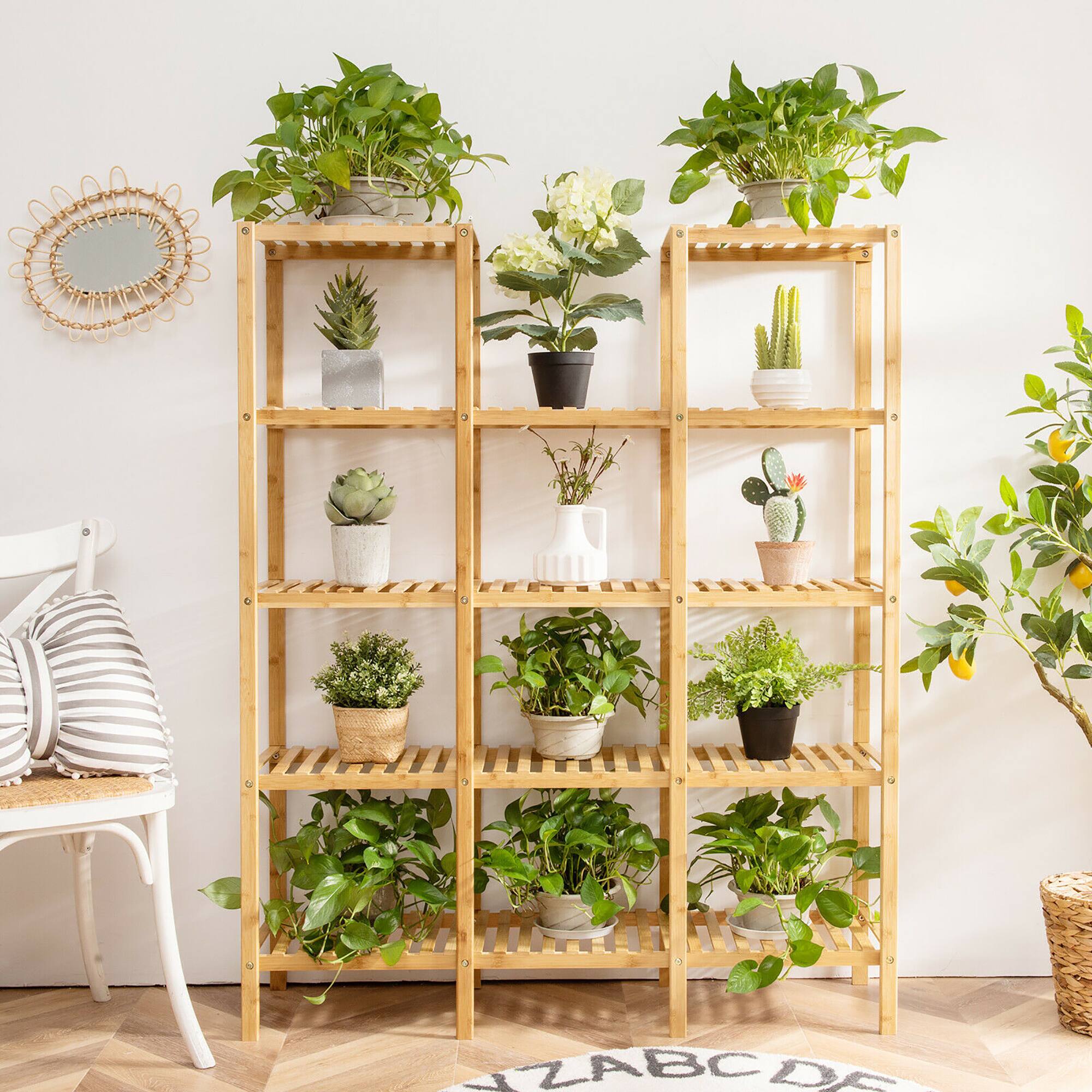 Alt View 5. Costway - Multifunctional Bamboo Shelf Flower Plant Stand Display Storage Rack Unit Closet - Natural.