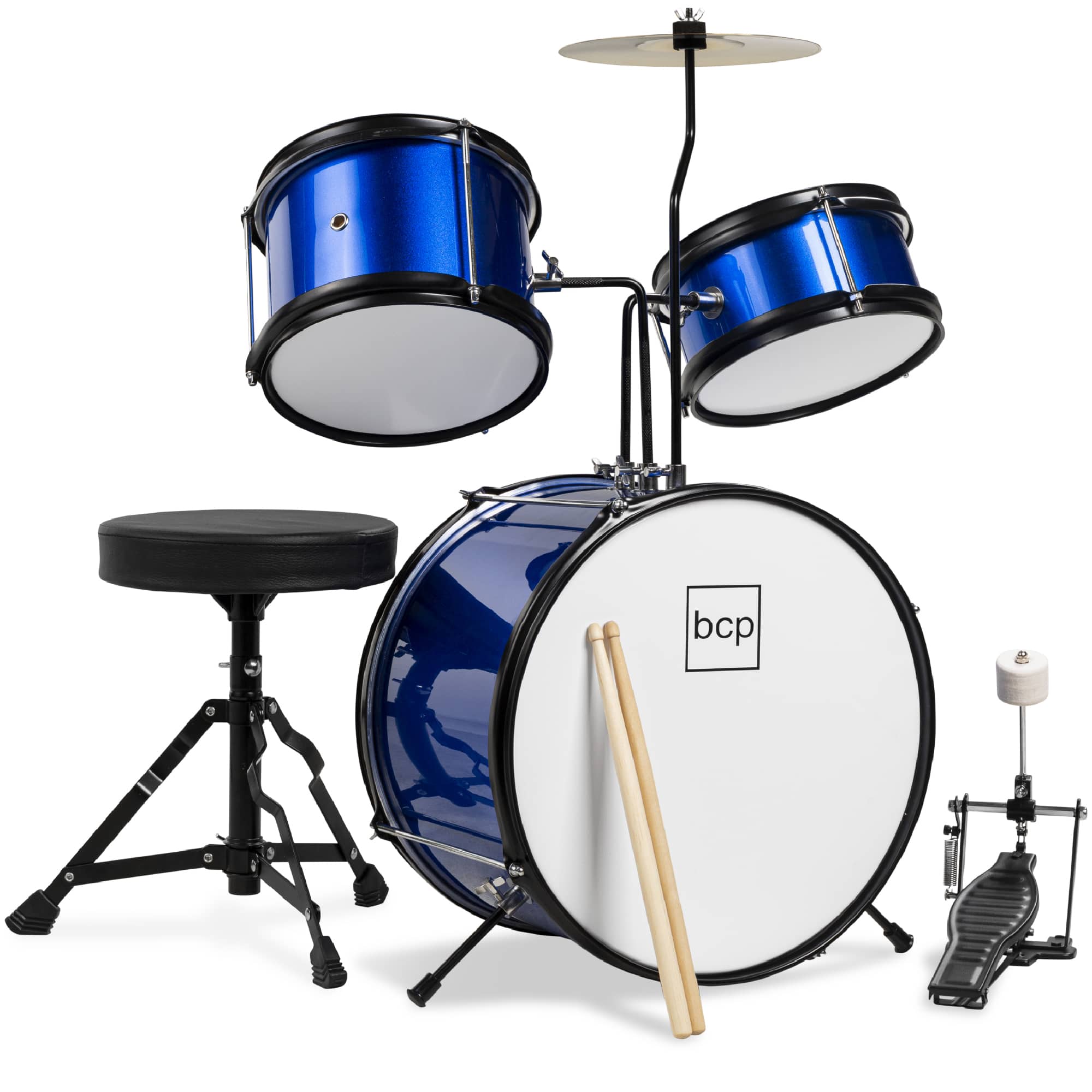 Front. Best Choice Products - Best Choice Products Kids Beginner 3-Piece Drum, Musical Instrument Set w/ Sticks, Cushioned Stool, Drum Pedal - Blue - Blue.