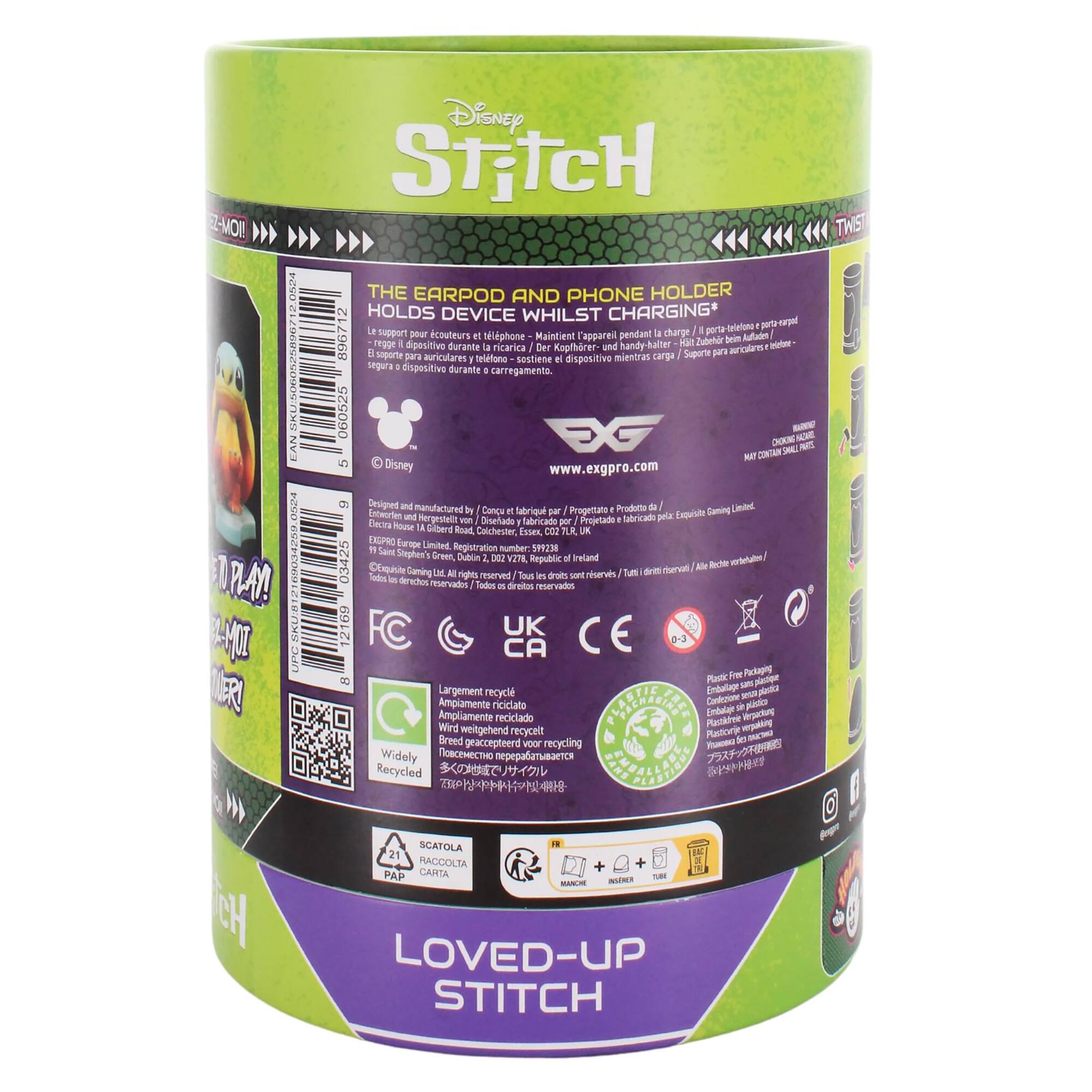 The text on the image is in Spanish, so I cannot group and correct it. However, I can provide a brief summary of the text: The image features a purple box with a green label that says "Loved-Up Stitch." The box is a phone holder and earpod, designed to hold a device while charging. The box is made by Disney and has a UPC code. The box also contains a tag with a barcode and a QR code.
