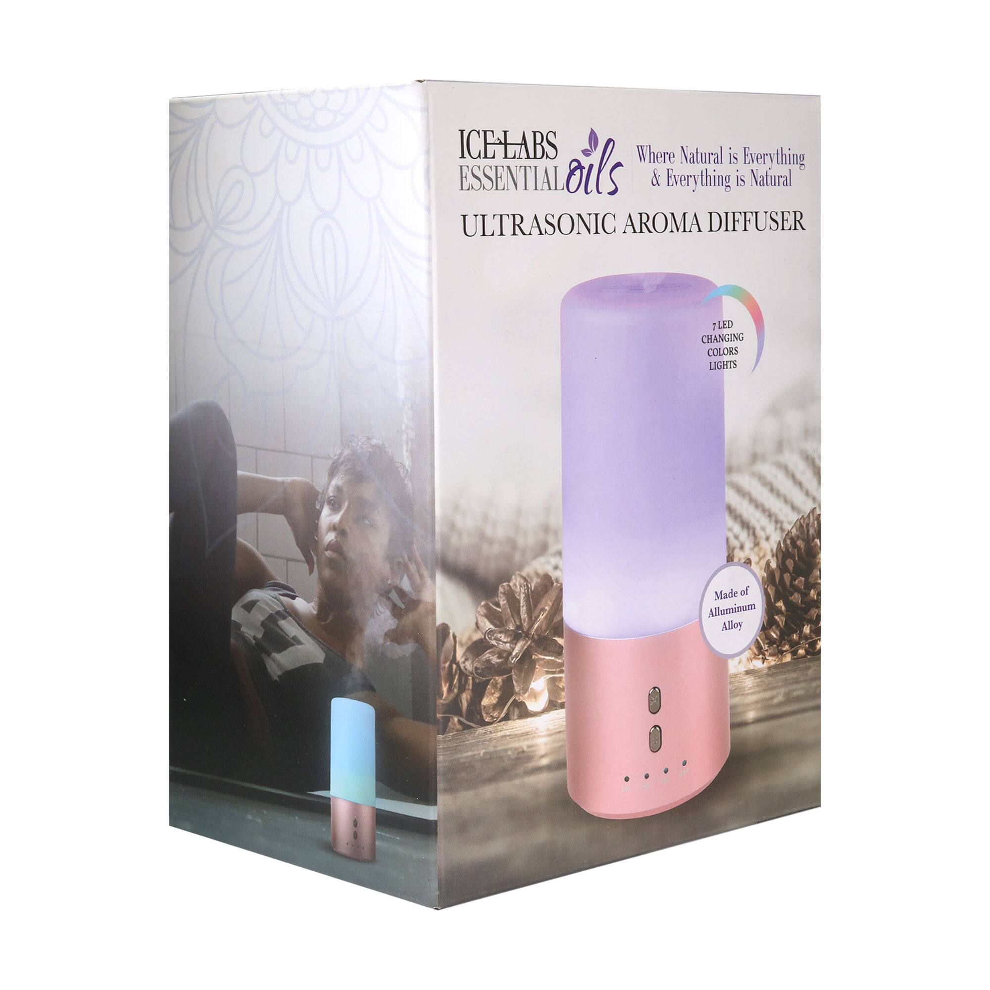 ICE-LABS ESSENTIAL Oils  
Where Natural is Everything  
ULTRASONIC AROMA DIFFUSER  
LED CHANGING COLORS LIGHTS  
Made of Aluminum Alloy