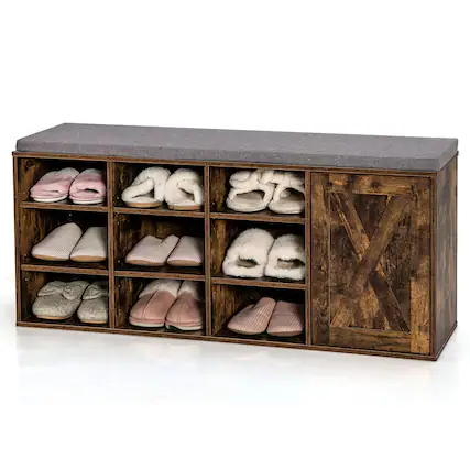 Front. Ecooso - 9-Cube Shoe Storage Bench Organizer with Adjustable Shelves and Removable Cushion - Brown.