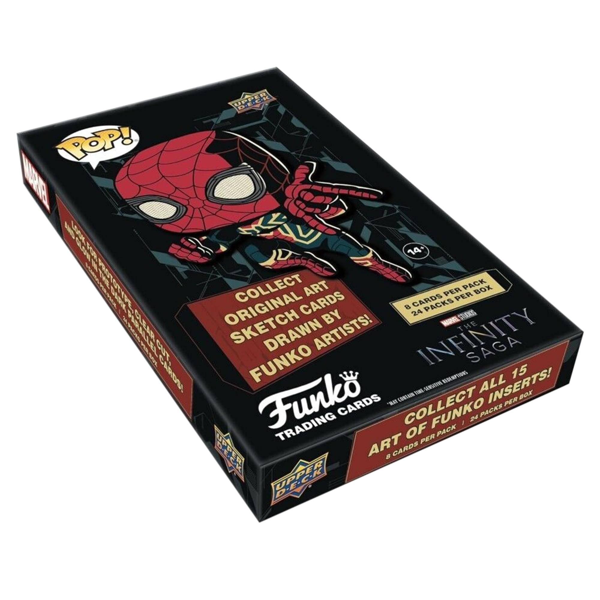 Sure, here is the corrected and grouped text from the image:

---

**Funko Trading Cards**

**POP!**

**Collect Original Sketch Art Drawn by Funko Artists!**

**Infinity Saga**

**Art of Funko**

**Collect All 15 Inserts!**

**8 Cards per Pack**

**24 Packs per Box**

**14+**

**Marvel**

**Upper Deck**

**Collect All 15 Funko Inserts!**

**8 Cards per Pack**

**24 Packs per Box**

---

This text is organized to reflect the information and layout on the box.