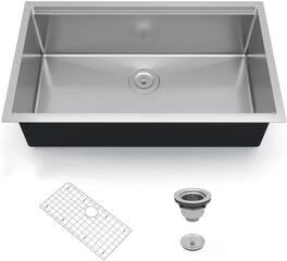 Acekool - 30x19 Inch Undermount Single Bowl Kitchen Sink with Drainboard, 16 Gauge 304 Stainless Steel, Bottom Grid Included - Silver