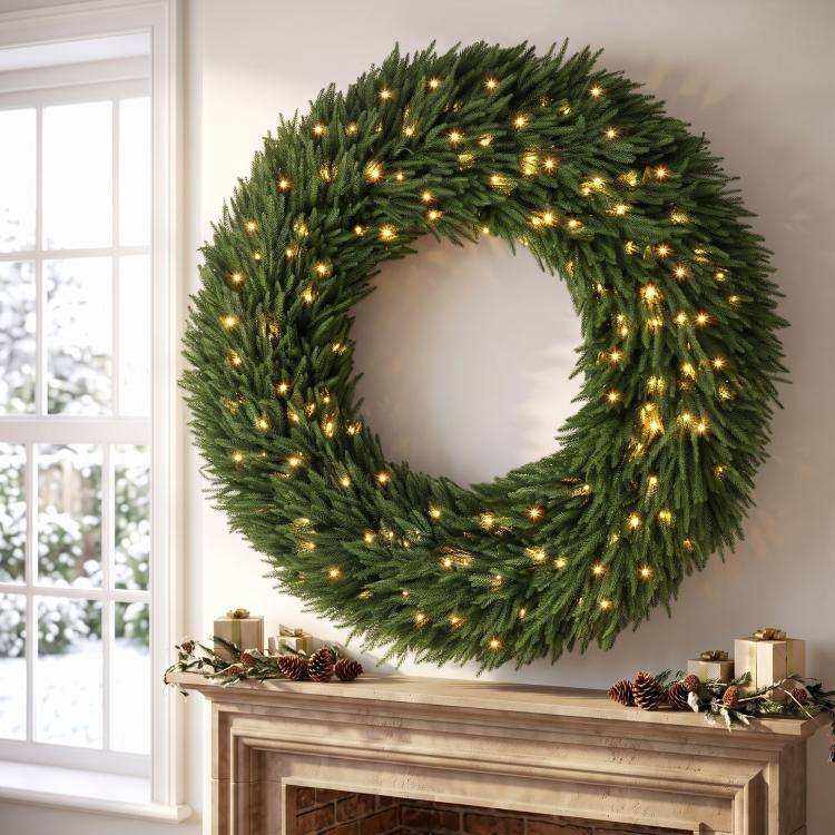Alt View 2. PULUZ - Christmas Decoration, 48 in Pre-Lit Norfolk Pine Artificial Christmas Wreath with 150 LED Lights - Green.