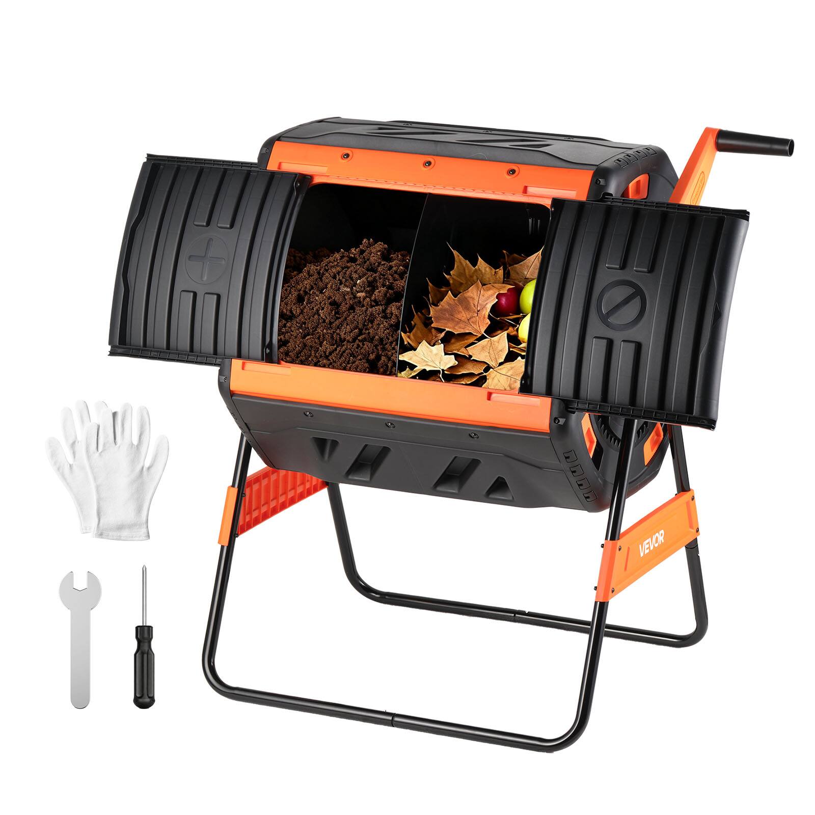 Front. VEVOR - Compost Tumbler, 53 Gallon Dual Chamber Outdoor Tumbling Composter with 2 Sliding Doors and Aeration System - Black + Orange.
