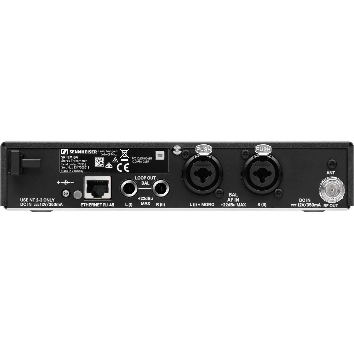 SENNHEISER  
Fres Range G4  
SR IEM G4  
Start  
Prod. Code: 577952  
Ser. No: 134700013  
Made in Germany  

FCC ID: DM00GASR  
IC: 209A-GASR  

LOOP OUT BAL  
+22dBu MAX  
L (I)  
R (I)  

AF IN  
+22dBu MAX  
L (I) + MONO  
R (I)  

DC IN  
12V/350mA  

ETHERNET RJ-45  

ANT  

RF OUT  
DC IN  
12V/350mA  

USE NT 2-3 ONLY  

CE