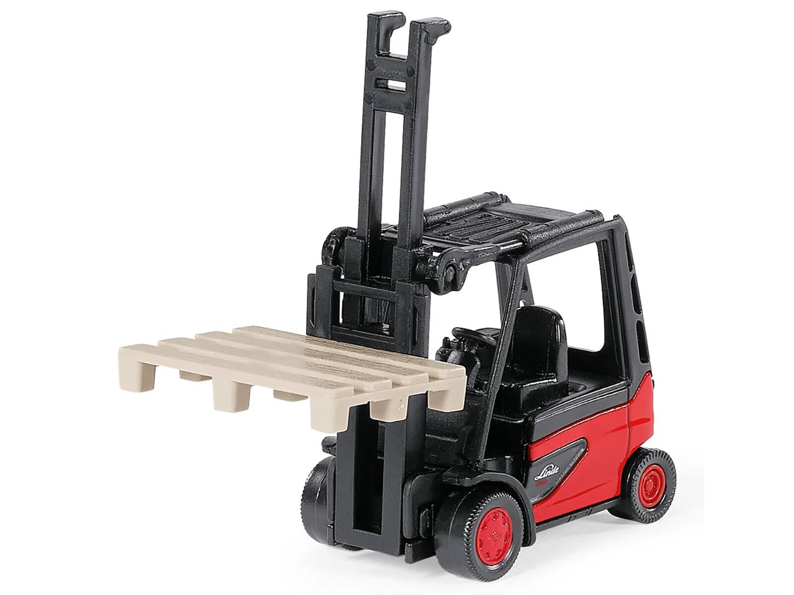 Angle. SIKU - Linde E35 Forklift Truck Red with Black Top with Pallet Accessory Diecast Model by Siku - Red with Black.