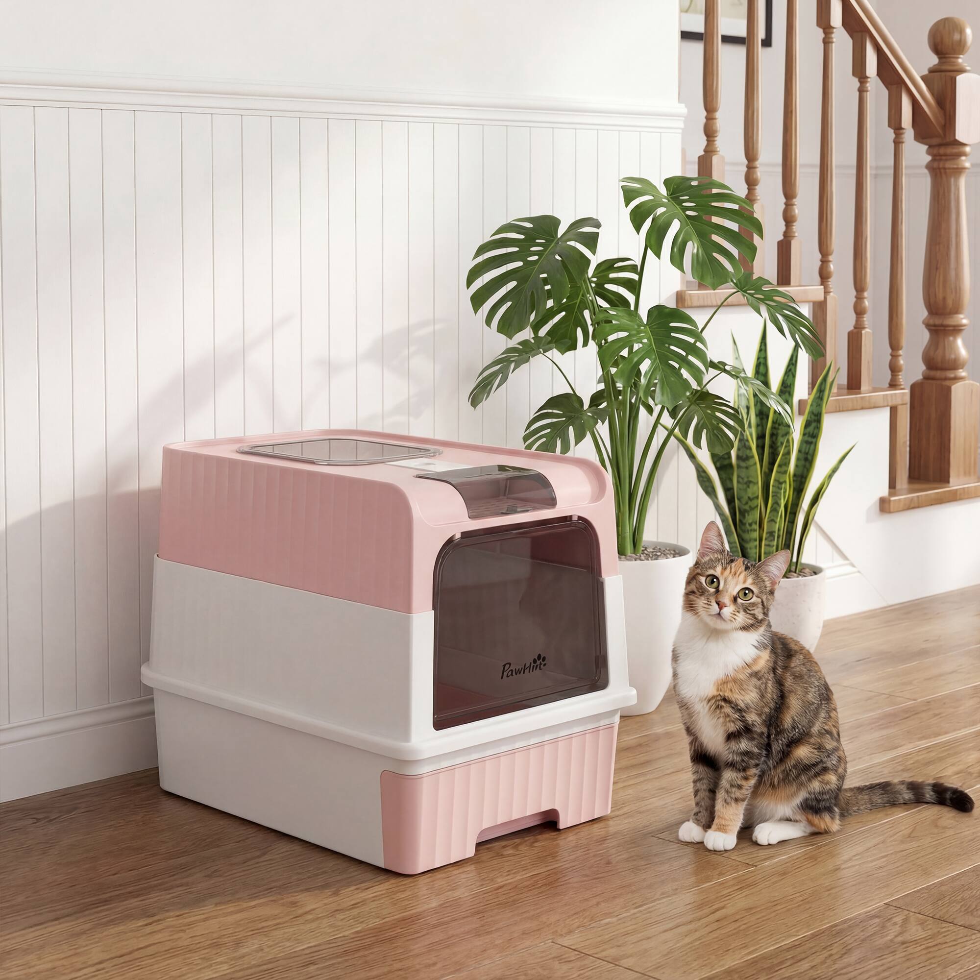 Alt View 1. Pawhut - Litter Box Hooded Cat Litter Tray with Drawer Pan Front Entry & Top Exit Easy Cleaning - Pink.