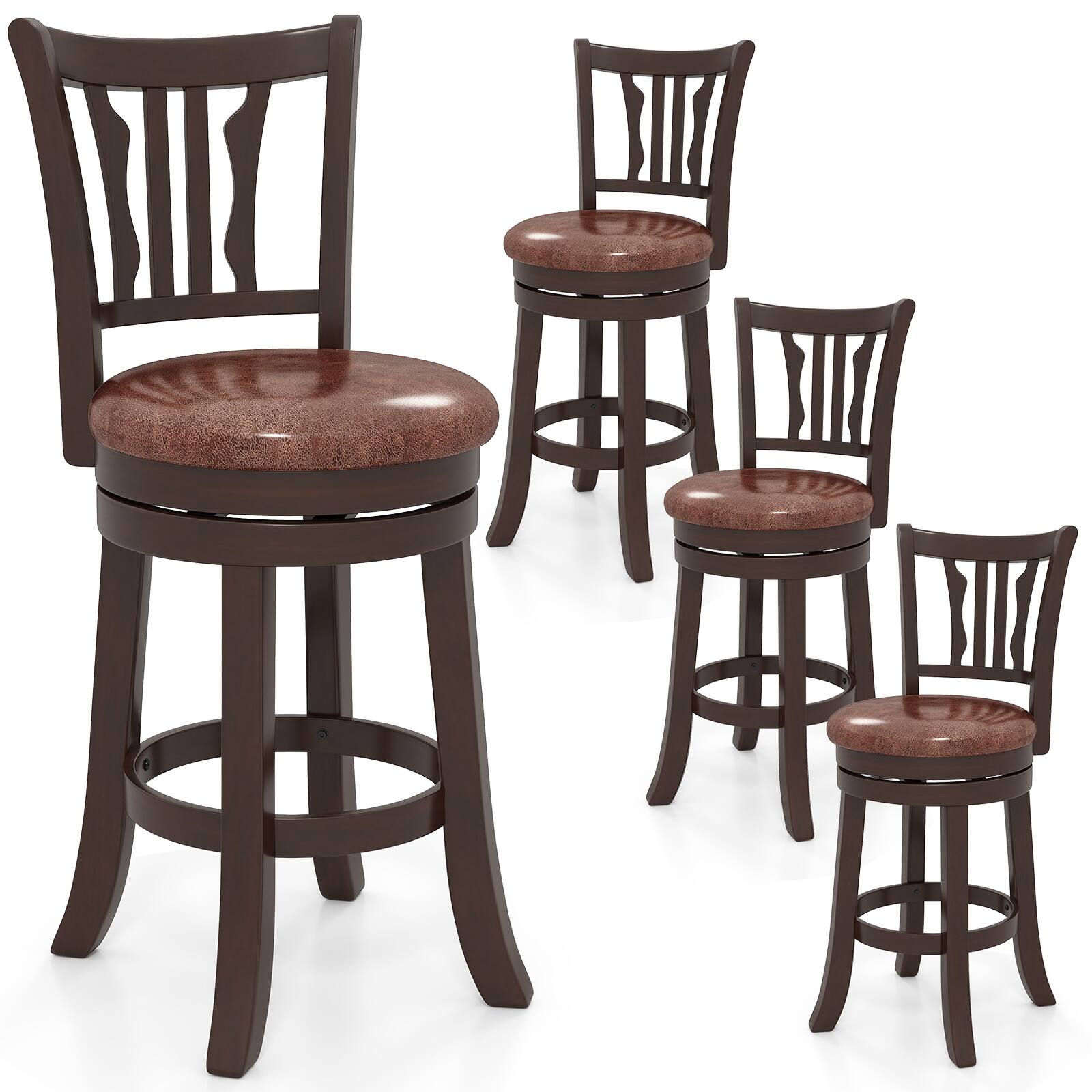 Front. Gymax - Gymax 26'' Counter Height Swivel Bar Stools Set of 4 w/Back & Faux Leather Seat - Brown.