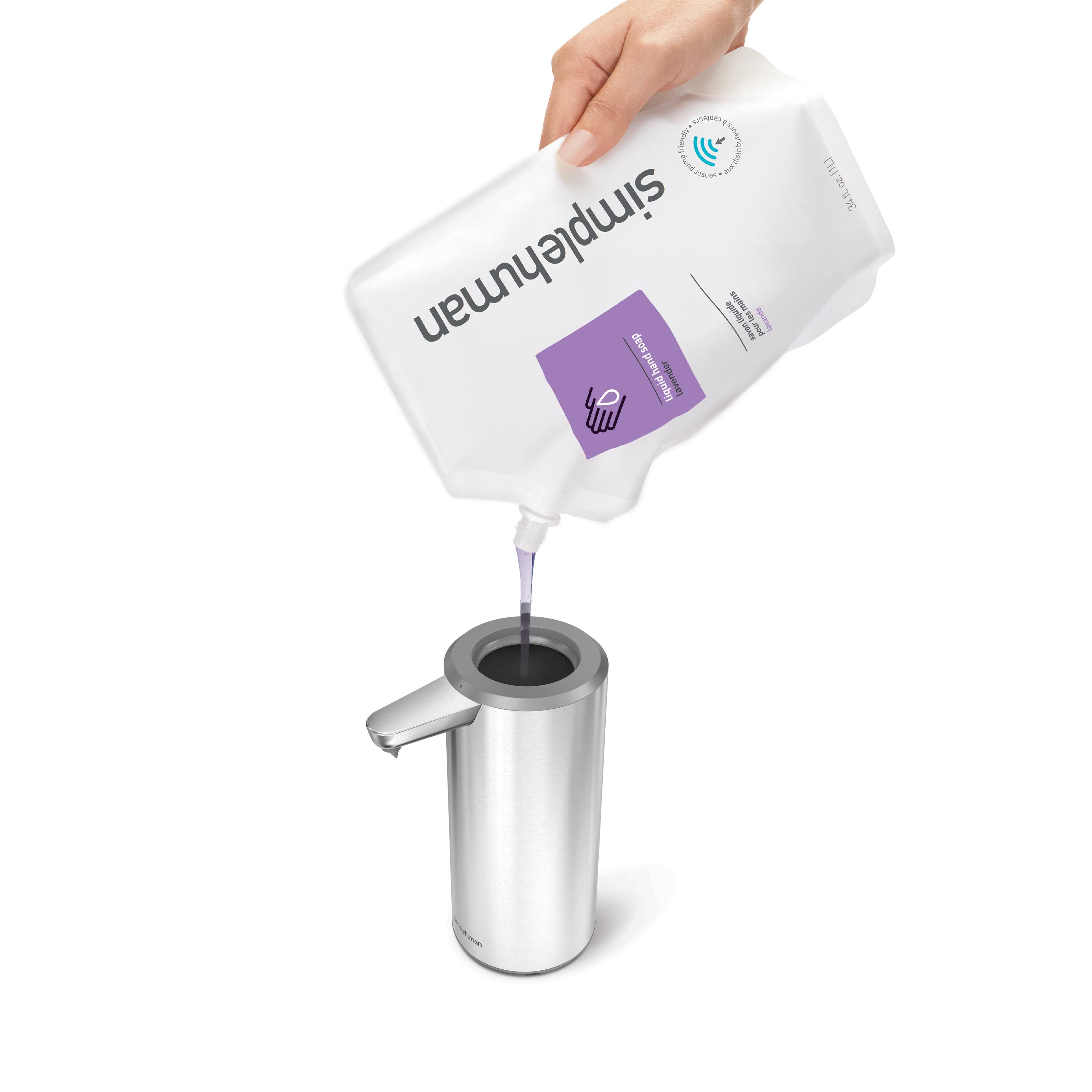 Sure, here is the corrected and grouped text:

- simplehuman
- dry hand pump
- 34 fl oz (1.02 L)
- 100% recyclable
- BPA free
- FSC certified
- 100% recyclable
- BPA free
- FSC certified