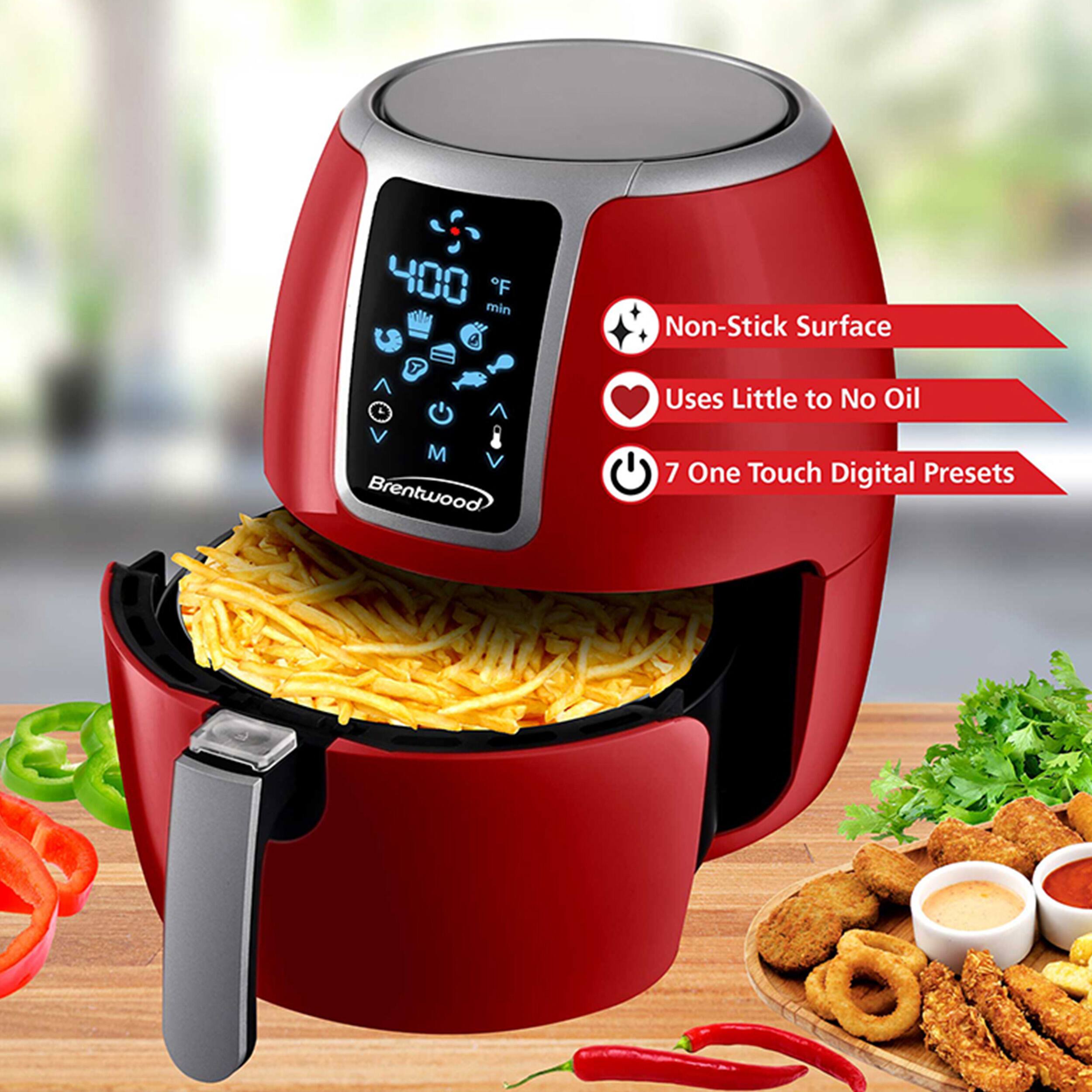 The image features a red Brentwood food processor with a digital display. The processor is filled with cheese and is ready to be cooked. The display shows that it is set at 400 degrees Fahrenheit. The food processor also has a non-stick surface, which requires little to no oil for cooking. Additionally, it has seven one-touch digital presets, making it easy to use and adjust the settings according to the desired food type.