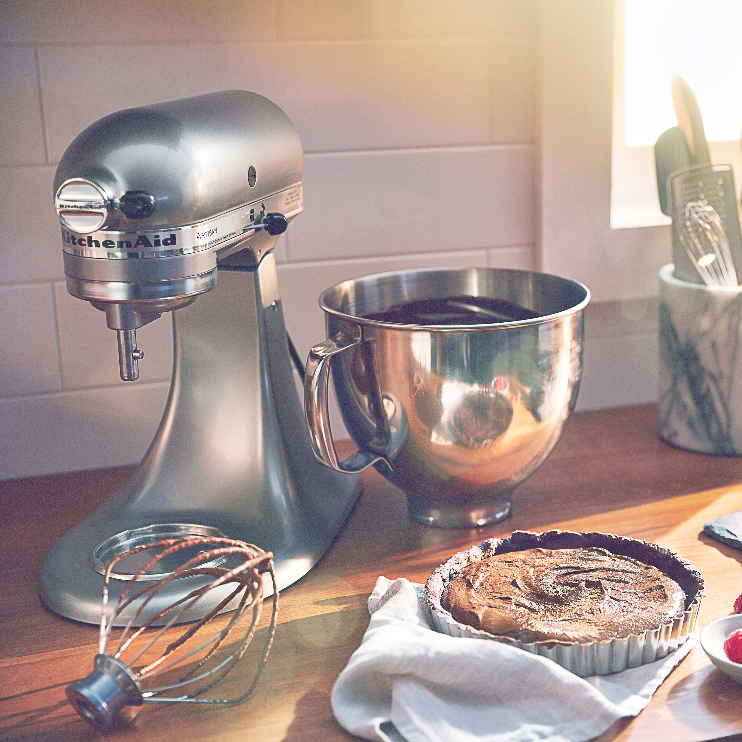 Angle. KitchenAid - KitchenAid Artisan Series 5 Quart Tilt-Head Stand Mixer with Flex Edge Beater Value Bundle - KSM150FECU - Contour Silver.