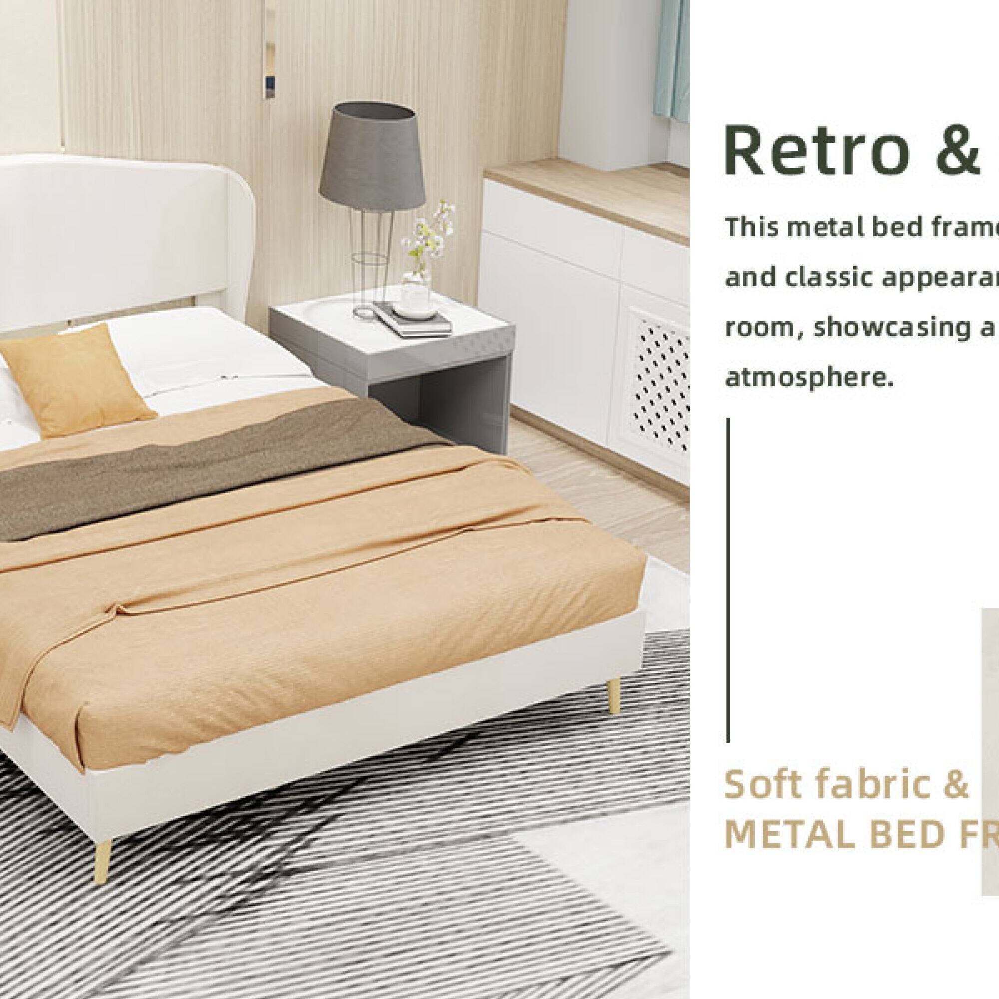 Retro & This metal bed frame and classic appearance room, showcasing a soft fabric & METAL BED FR atmosphere.