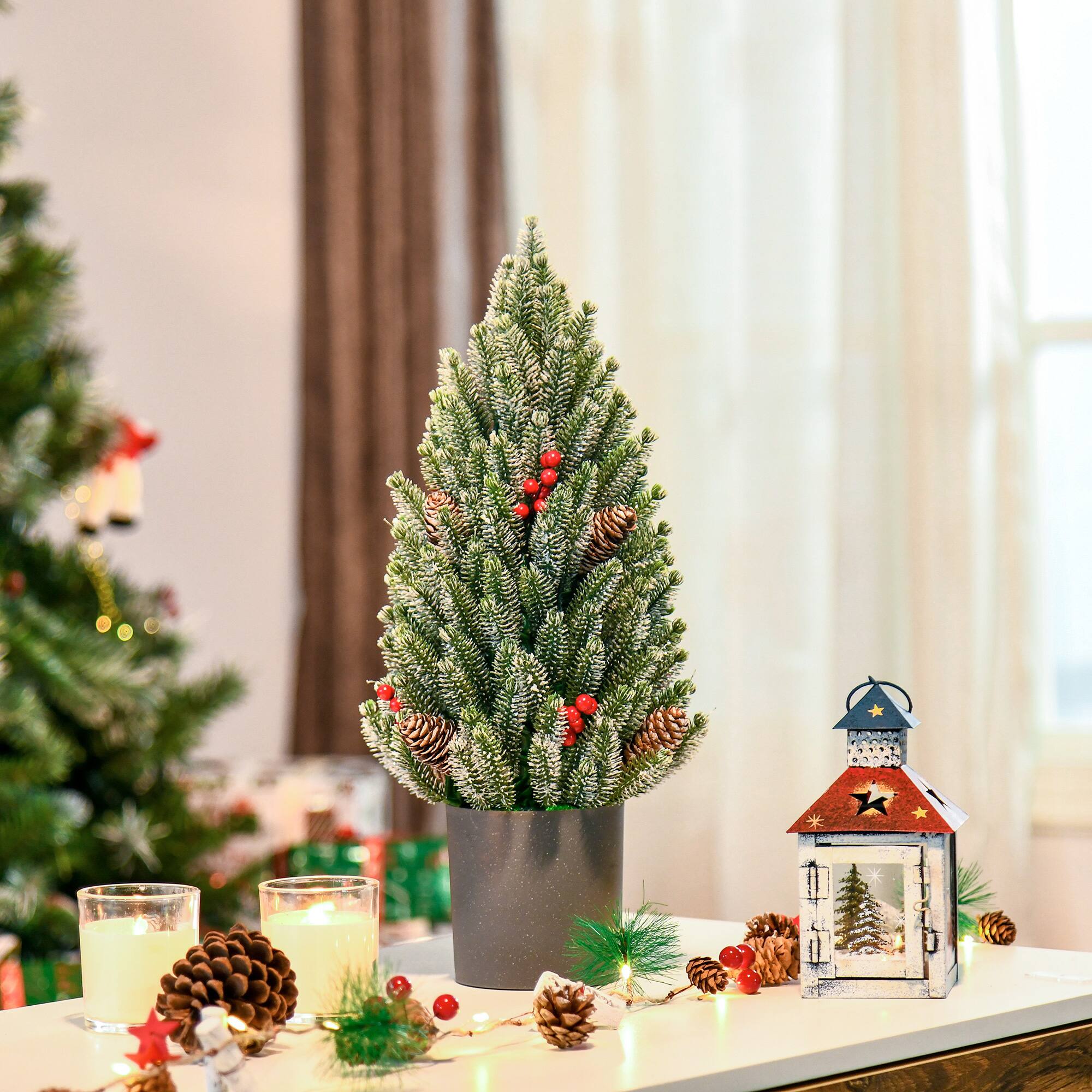 Alt View 4. Lirago - 18 Inch Unlit Miniature Snow Flocked Tabletop Artificial Christmas Tree Pine Cones Berries - Green.