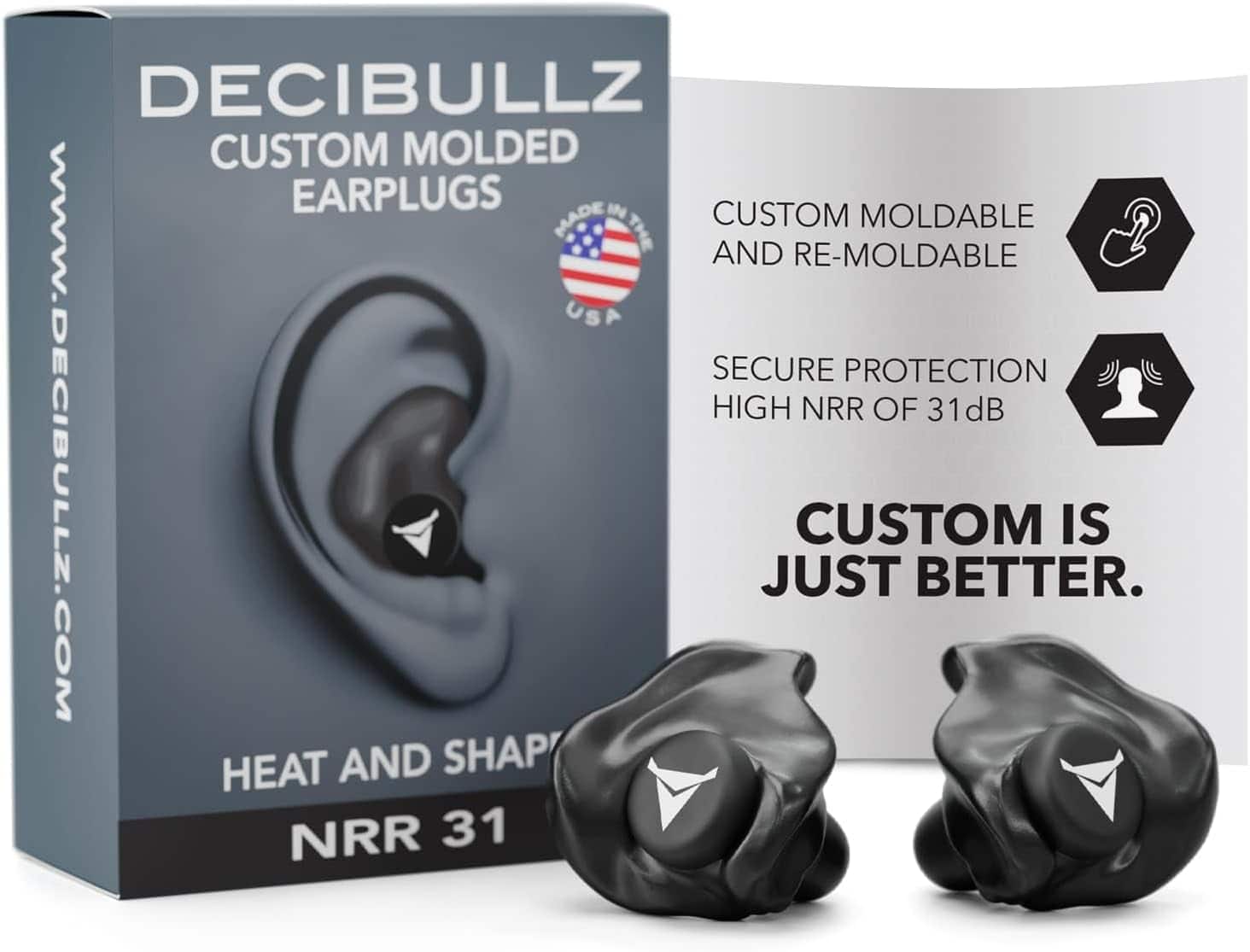 Decibullz - Custom Molded Earplugs, 31dB NRR Hearing Protection for Shooting, Travel, Swimming, Work, Concerts – - Black